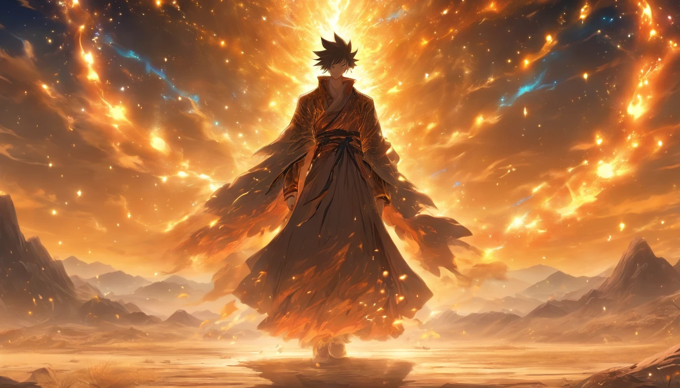 A young and mysterious man standing on a barren land in magnificent robes, surrounded by mysterious energy fluctuations, as if the whole world is under his control, ,in the style of the stars art group xing xing, 34k, best quality, masterpiece, super detail, high details