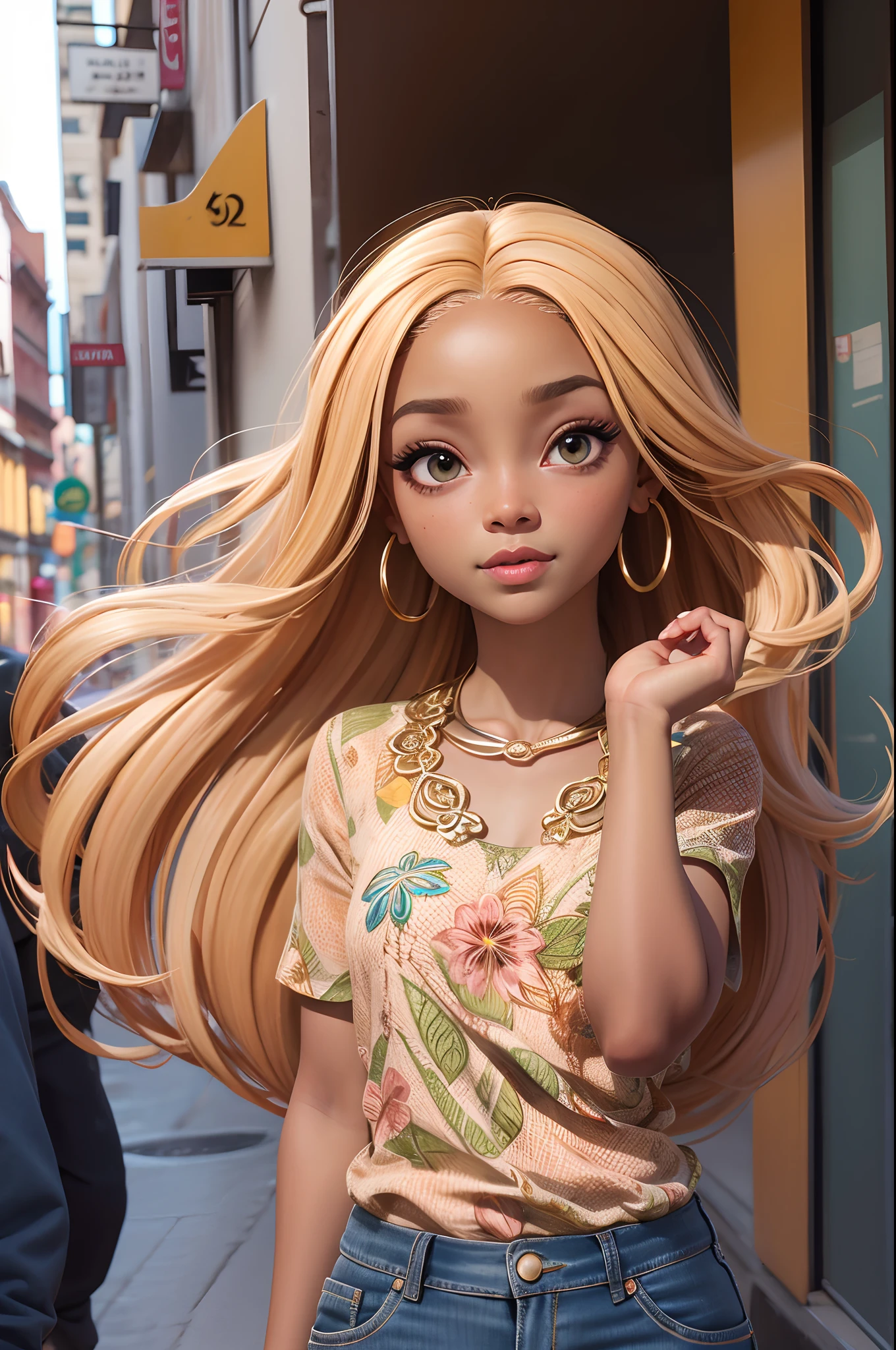 uma menina africana africana pele marrom escura:5, olhos verdes cintilantes:2, pose pra foto, estilo Rapunzel, nova york:5, na rua, mega hair cabelos longos4, flores, imagem intrigante, cores vividas, vestido longo florido, sapatos brancos, imagem limpa, alta qualidade, nitidez, Sharp imagem, rosto de modelo, 8k, imagem profissional, iso100, lago, blue skies, moda atual, muito detalhado, (altamente rosto 8k detalhado), formato de rosto perfeito, fleshy and perfect lips, nariz perfeito, olhos lindos e corretos, observador, vestido de noiva: 3,45, flores de cabelo, obra-prima, melhor qualidade, solteiro, jeans, sozinho, Advanced Digital Chibi