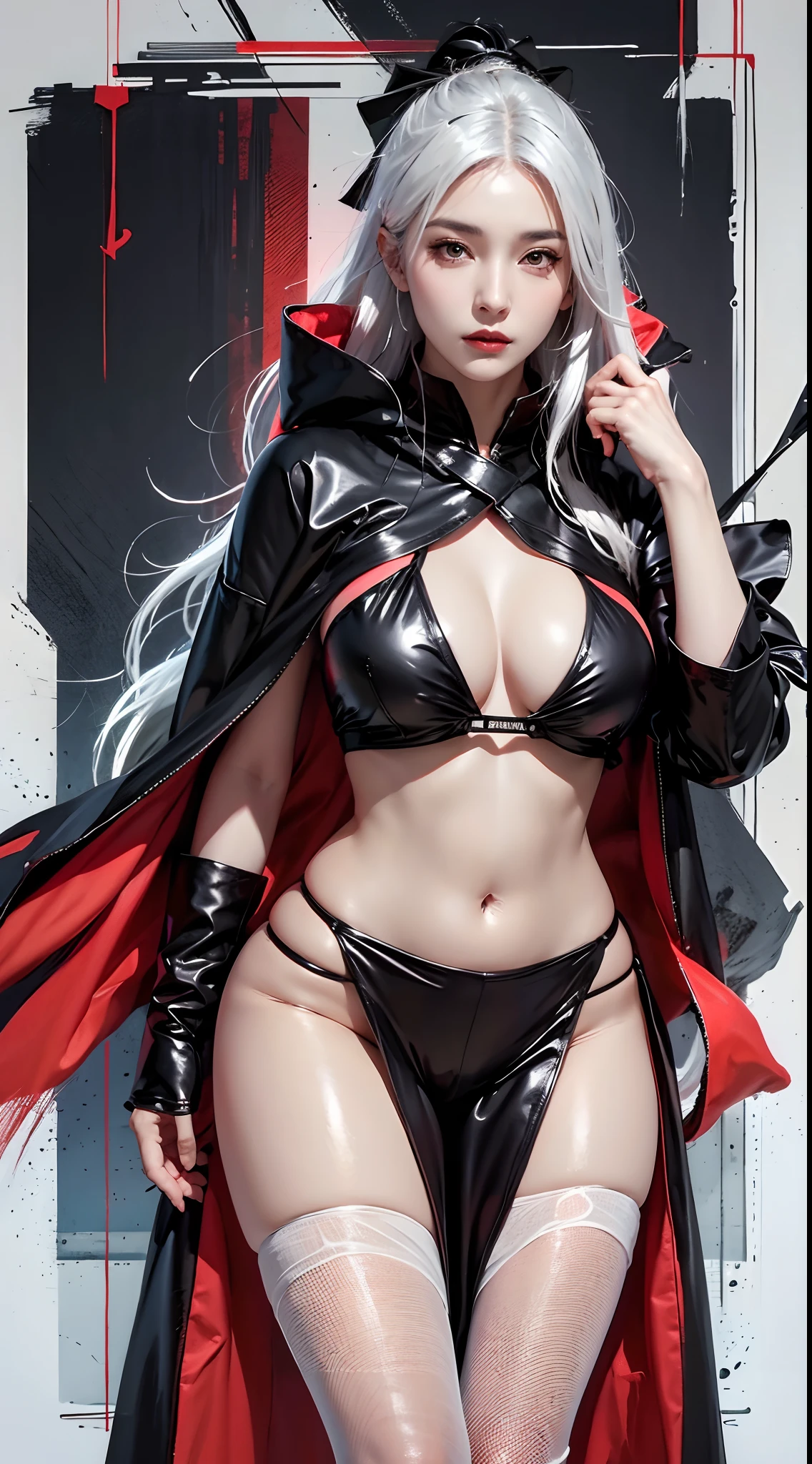 photorealistic, high resolution, 1women, mature female, solo, hips up, AKATSUKI OUTFIT, black cloak, black coat, white hair