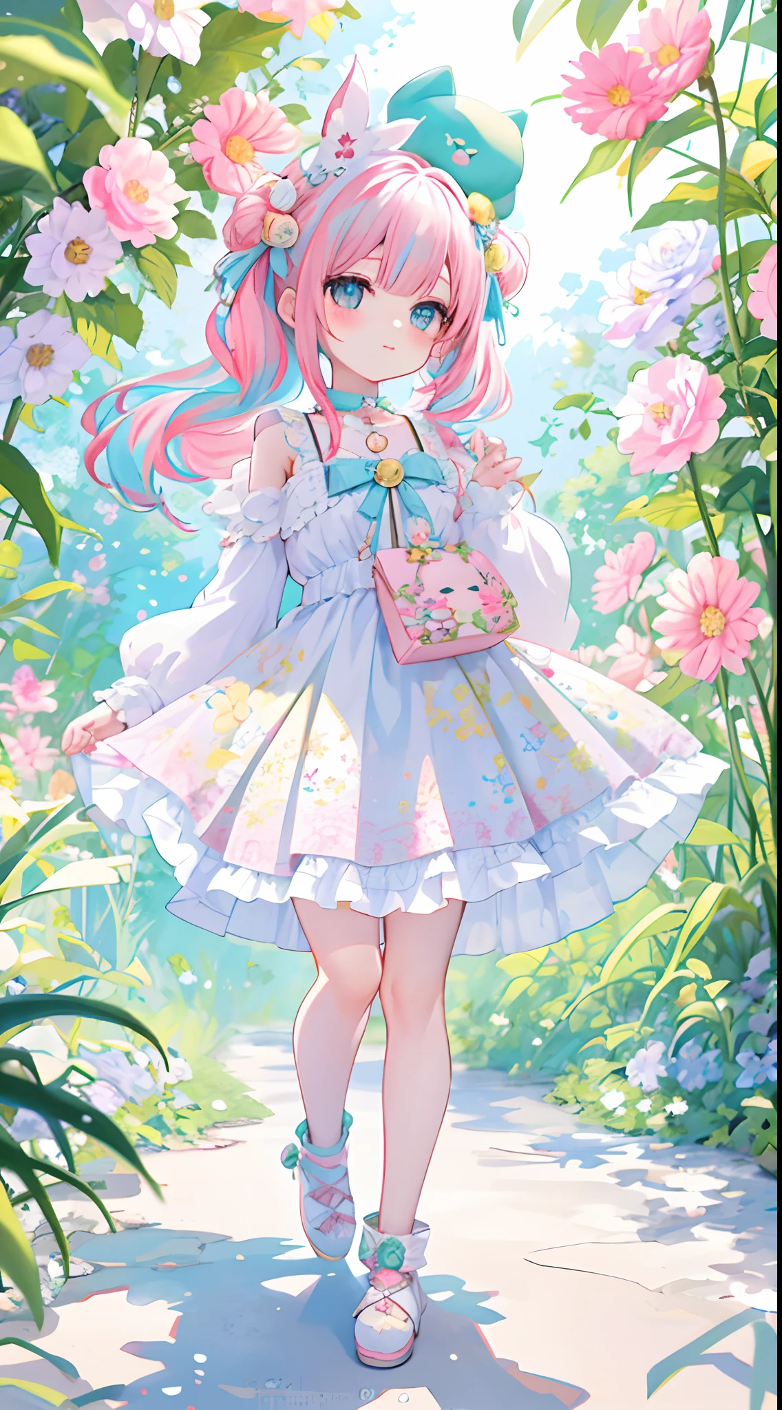((a sticker:1.5))), ((chibi character)), (white backgrounid), fluffly, Girl vs, Floral floral dress, full body Esbian, pastel-colored hair, Pastel colors hair, fairytale-like, Fringed skirt design, tmasterpiece, best qualtiy,Shining eyes、Cute Baby Turtle!!tchibi!!!,