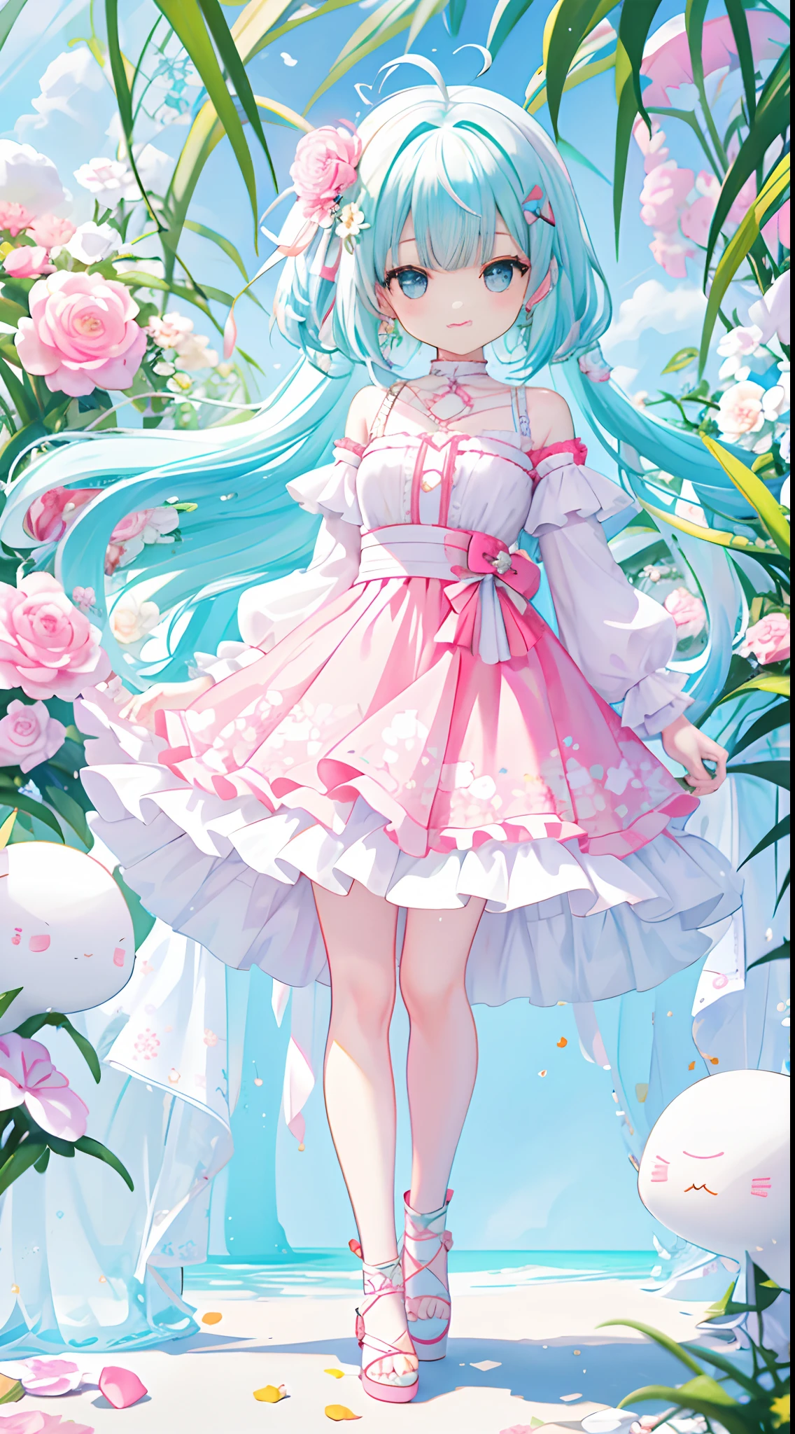 （（a sticker：1.5）））， （（chibi character））， （white backgrounid）， fluffly， Girl vs， Floral floral dress，  full body Esbian， pastel-colored hair， Pastel colors hair， fairytale-like，  Fringed skirt design， tmasterpiece， best qualtiy，Shining eyes、Cute Baby Turtle!!tchibi!!!,