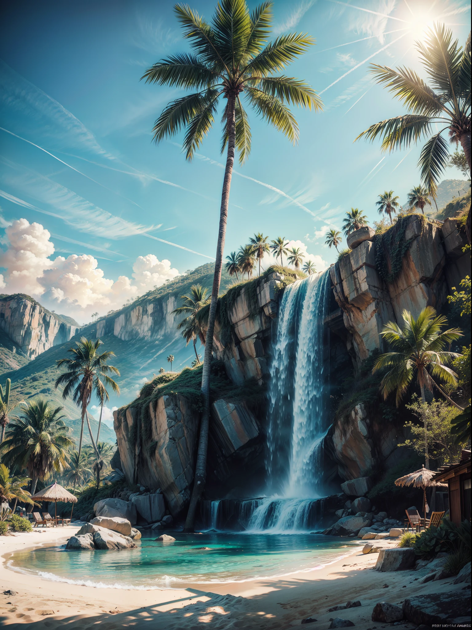 Palm Tree desert island, beautiful deset island, palm trees desert island, artificial waterfall, realistic detailed portrait, AMD FidelityFX Super resolution 3, day light effects, cinematic day light, ocean, masterpiece collection award winning artwork, official art,