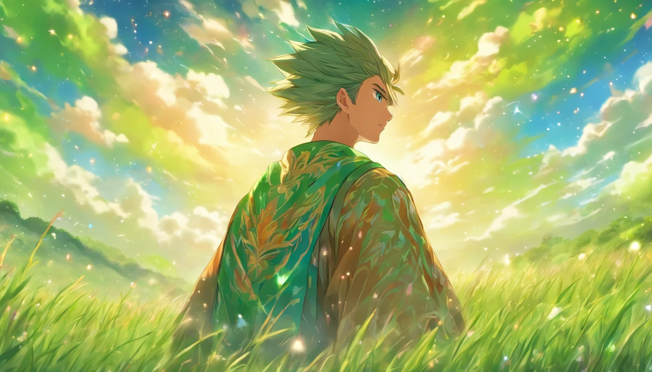 A young man wearing a magnificent robe, standing on a vast grassland with green mountains and blue sky. His face shows a hint of confusion, and his eyes reveal the fading memories of the past. ,in the style of the stars art group xing xing, 35k, best quality, masterpiece, super detail, high details