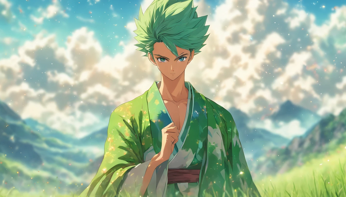 A young man wearing a magnificent robe, standing on a vast grassland with green mountains and blue sky. His face shows a hint of confusion, and his eyes reveal the fading memories of the past. ,in the style of the stars art group xing xing, 35k, best quality, masterpiece, super detail, high details