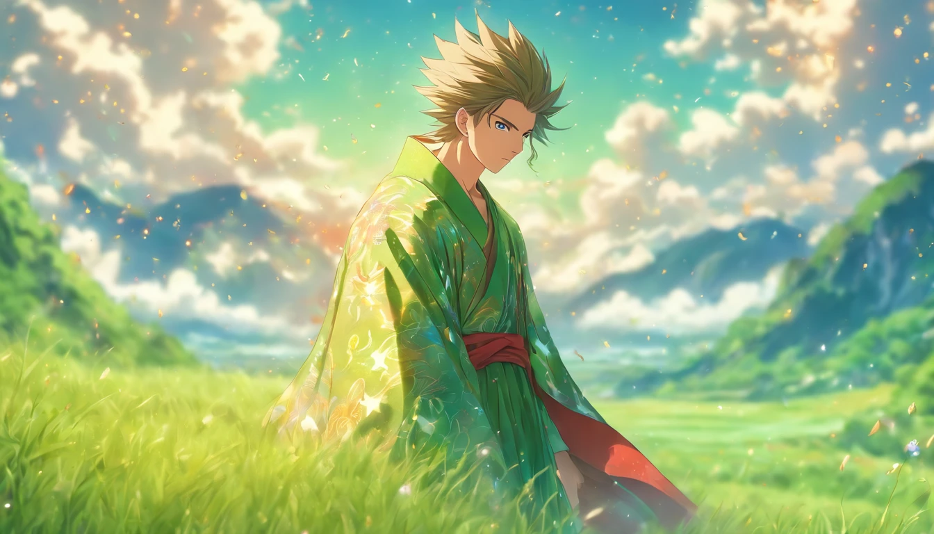 A young man wearing a magnificent robe, standing on a vast grassland with green mountains and blue sky. His face shows a hint of confusion, and his eyes reveal the fading memories of the past. ,in the style of the stars art group xing xing, 35k, best quality, masterpiece, super detail, high details