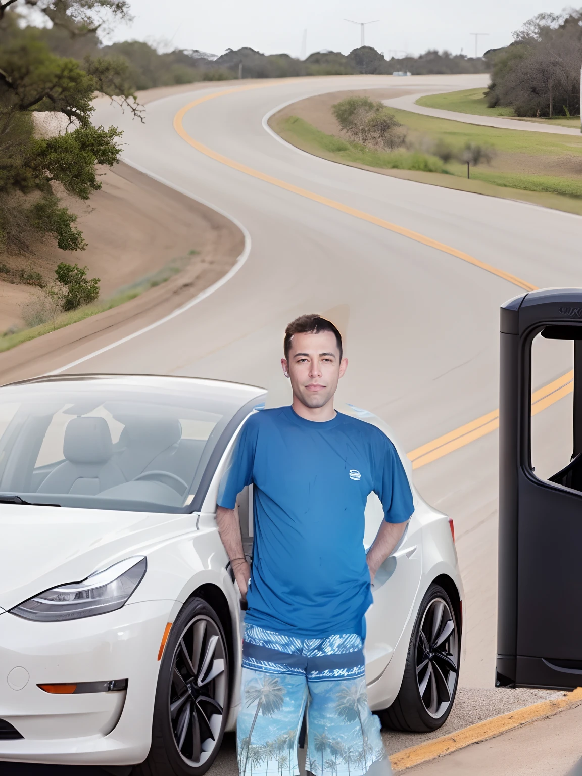 Um dia de sol em uma rodovia no Texas, apoiado em um carro Tesla model 3