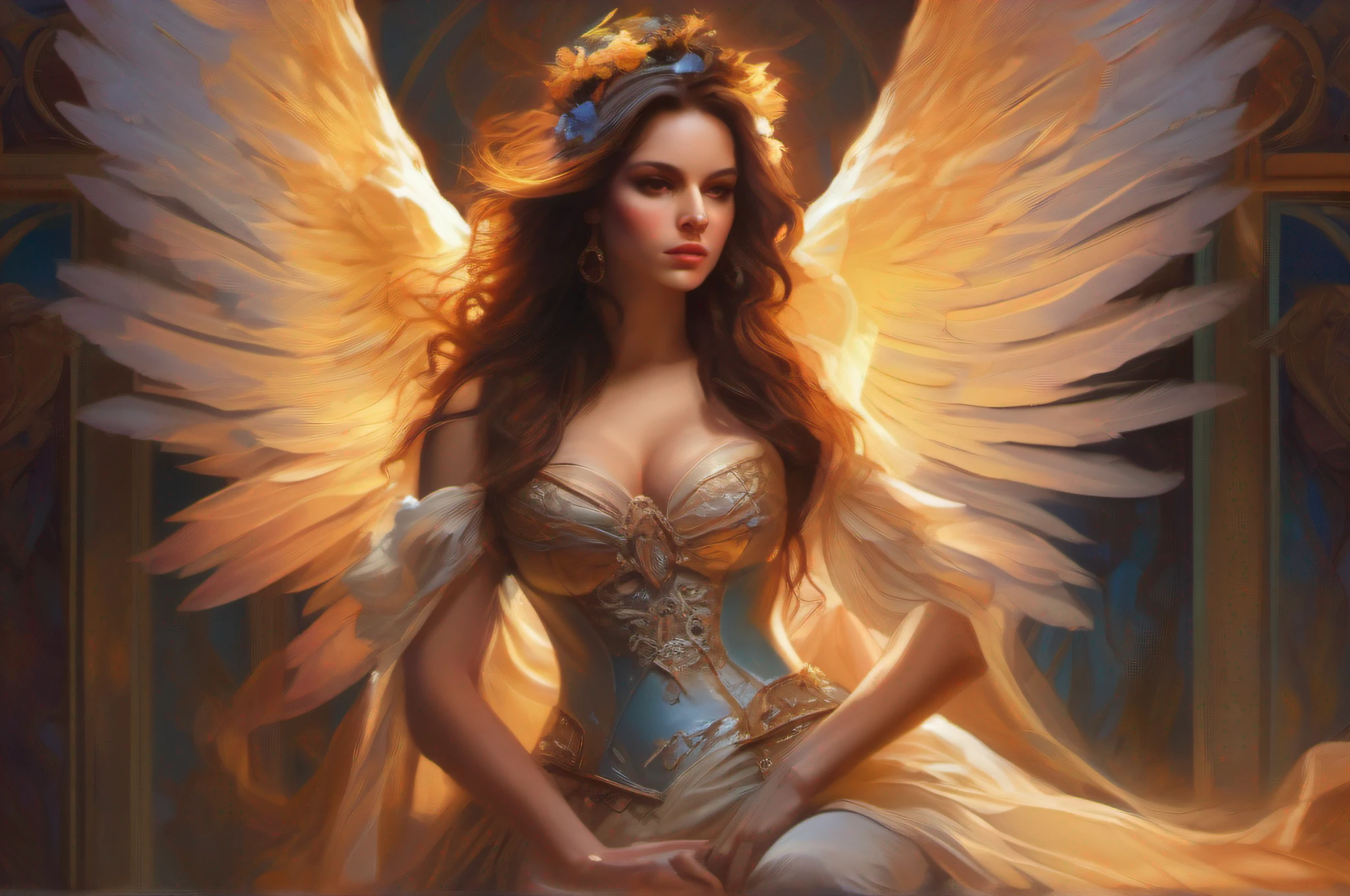 A full body Angel winged Gorgeous brunette woman, in corset, 1girl, full body, beatifull legs, Daniel F Gerhartz, Clint Cearley, Carne Griffiths, Jean Baptiste Monge, strybk style, warm dreamy lighting, matte background, volumetric lighting, pulp adventure style, fluid acrylic, dynamic gradients, bold color, illustration, highly detailed, simple, smooth and clean vector curves, vector art, smooth, johan grenier, character design, 3d shadowing, fanbox, cinematic, ornate motifs, elegant organic framing, hyperrealism, posterized, masterpiece collection, bright lush colors, TXAA, penumbra