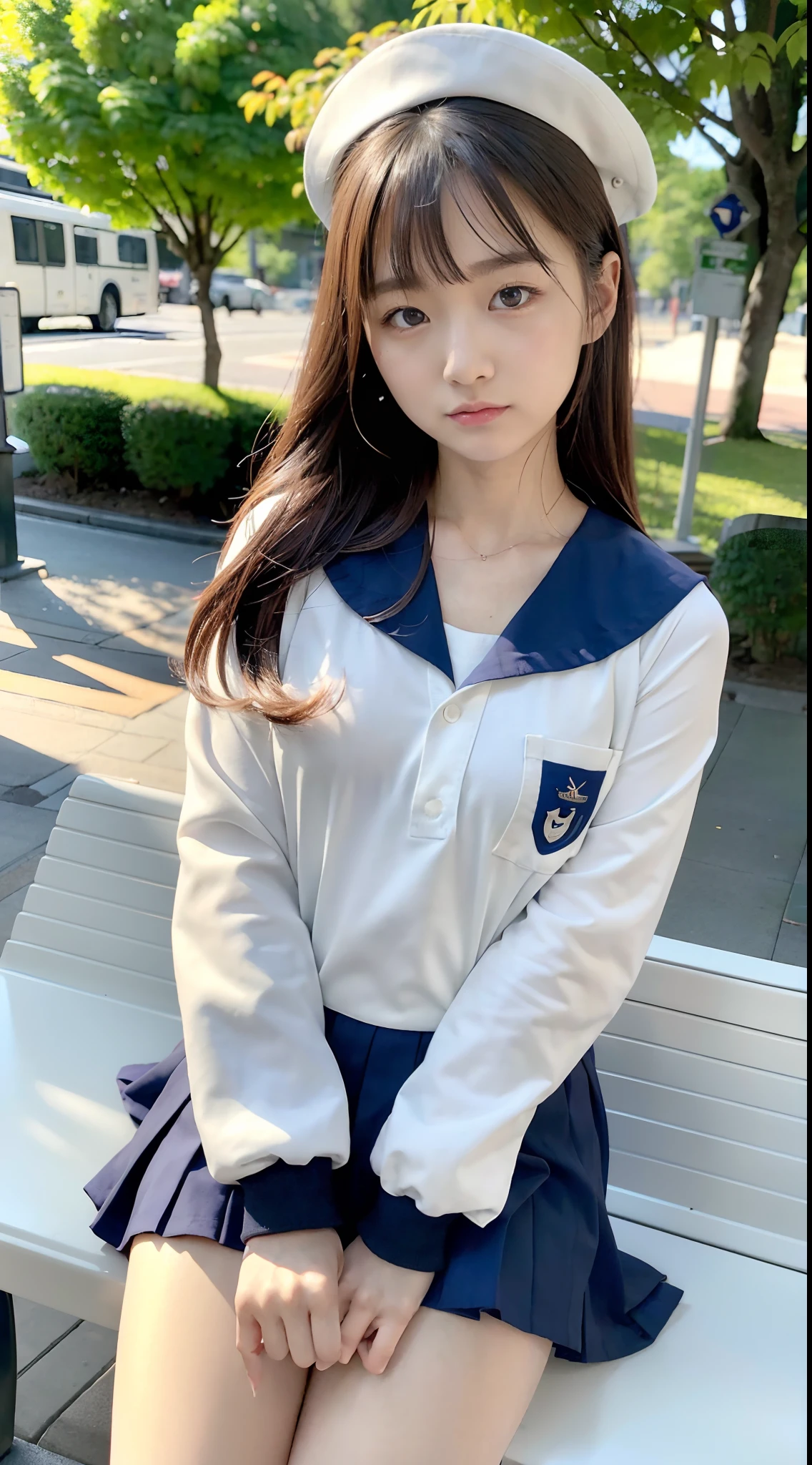 mix4, (16 K, Raw photography, Top image quality, masterpiece: 1.45), (realisitic, Photorealsitic: 1.37), one girls, 7.5, etc、Standing figure,cute little, A city scape,, profetional lighting, photon maping, Cityscape with street trees, physically-based renderingt, Gradient dark brown hair,, a handsome, Well-groomed and beautiful eyes、Large double eyelids、Very shiny、girl with, (((student clothes、Long sleeve sailor suit worn by Japan girl、red cuffs、Dark blue mini skirt, Small gray beret、Dark blue knee-high socks、Black loafers))), Top Quality Photos, hight resolution, 1080p, (clearface), (Detailed face description), (Detailed hand description), (masterpiece), (Exquisite CG)、extreme light and shadows、dishevled hair、master work、abundant detail、(Fine facial features)、(top quality photo)、(masuter piece)、(A detailed eye)、Look in front of you、Fine clavicle、((Slender big))、(((Japan schooln long-sleeved sailor suit)))、((Body shape of gravure model))、((Boulevard with street trees、Bus stop、timetable、Benches))、(Shooting from random perspectives)、(((Anyway cute)))、耳Nipple Ring、A big smile、Drawing the whole body from the knees、Do not draw nasolabial folds、(((shopping bags)))、(Big breasts that hang down big:0.7)、Big buttocks with tension、Two arms and two legs、(((from the front side:0.5)))、bare hand、No mask