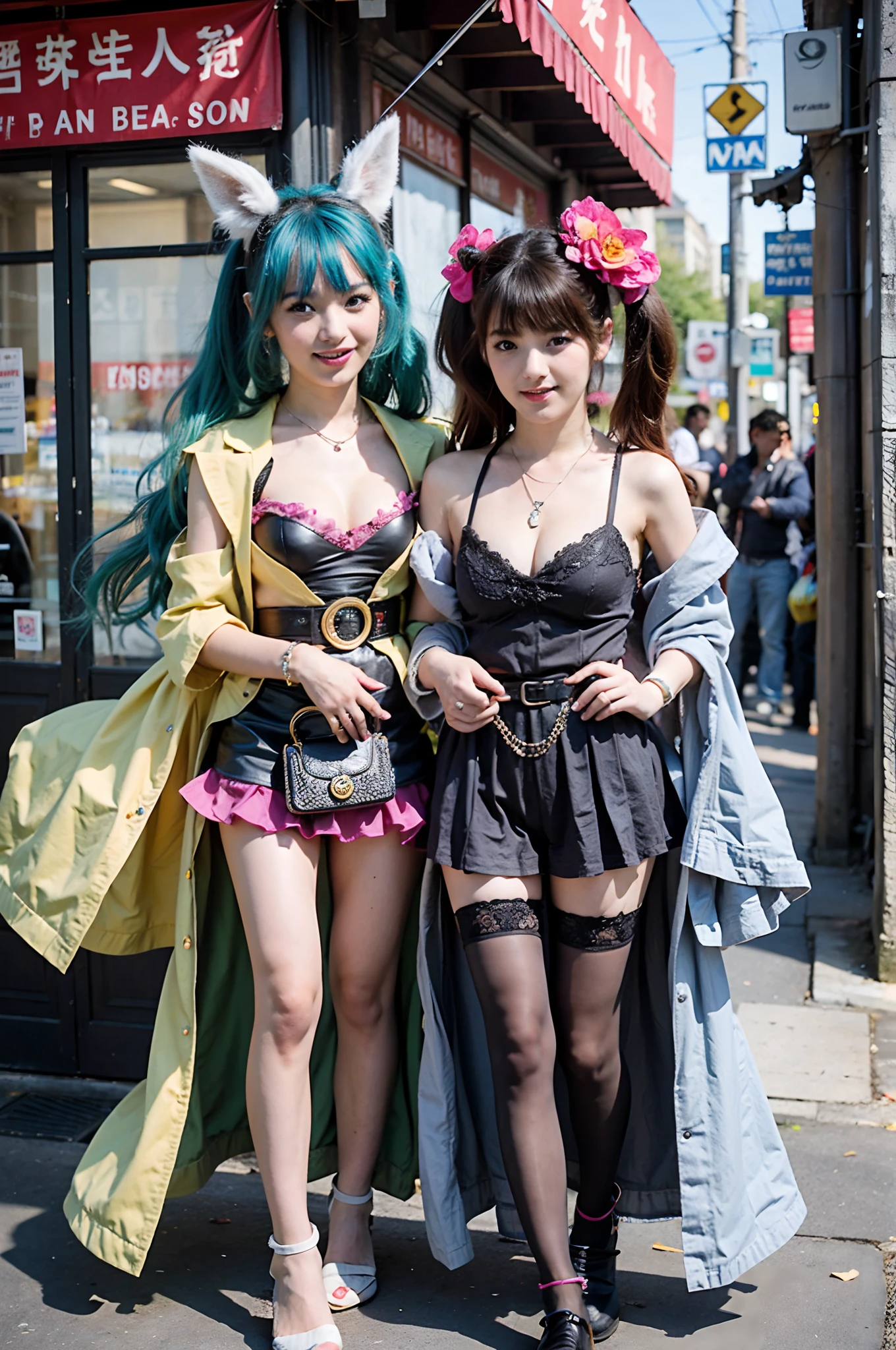 Best quality, Masterpiece, Extremely detailed, high resolution, 4K, 超高分辨率, Detailed shadows, Perfect light and shadow,duo, Two girls in trendy costumes taking selfies on the street, colorful pigtail, anime cosplaying, Anime style mixed with Fujifilm, Cute, big laughter, , Sexy,(Alebriès Art Style),PureErosFace_V1,Urzang-6500-V1 Edition, Edition.1,fantasyoutfit,The princess's eyes widened,Dream necklace,Fantastic ribbons,Dream rings,Fantastic jewelry,Fantastic hugs,Fantastic hair accessory,Dream belt,Studio light