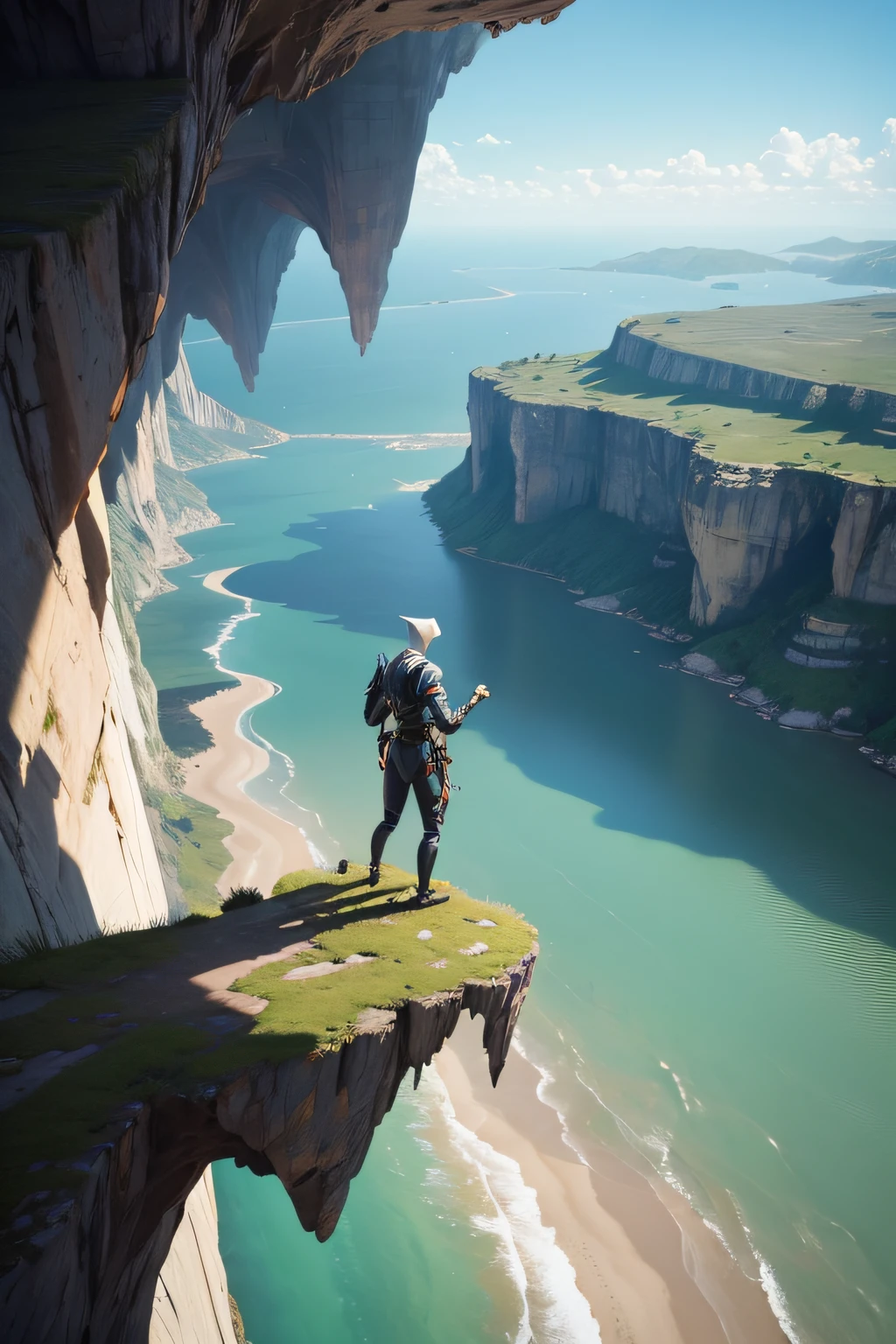 creates an anthropomorphic reptilian being that flies on a hang glider over a very high cliff and is seen from afar, everything is seen in high definition and 4k