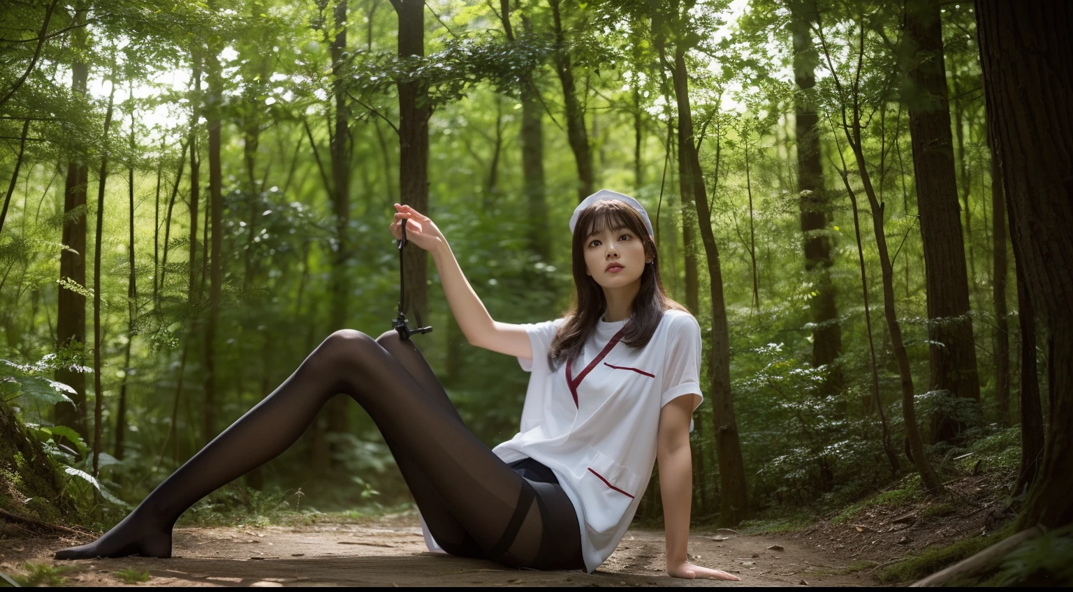 (Full body:1.5),(1girl in:1.3),(view the viewer:1.4),(anatomy correct:1.4),(Sitting at the top of a mountain:1.2),(Wearing a nurse set:1.2),(Opaque pantyhose:1.3),(Accurate and perfect face:1.3),(Long legs:1.3),hyper HD, Ray traching, reflective light, Structurally correct, awardwinning, high detailing, Lighten the shade contrast, Face lighting ,Cinematic lighting, masutepiece, super detailing, High quality, high detailing, Best Quality, High contrast,a scene from a movie、the woods