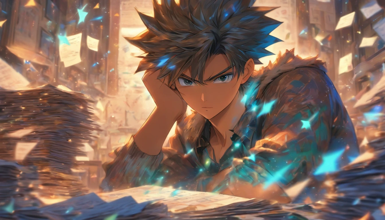 A young man sitting at a desk, holding a pen, surrounded by a pile of papers and folders, with a blurry background as if time is frozen, ,in the style of the stars art group xing xing, 32K,best quality, masterpiece, super detail, high details