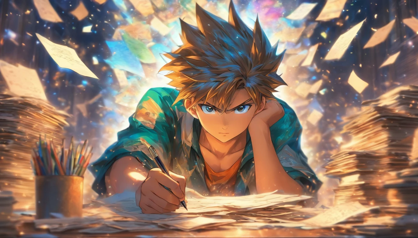 A young man sitting at a desk, holding a pen, surrounded by a pile of papers and folders, with a blurry background as if time is frozen, ,in the style of the stars art group xing xing, 32K,best quality, masterpiece, super detail, high details
