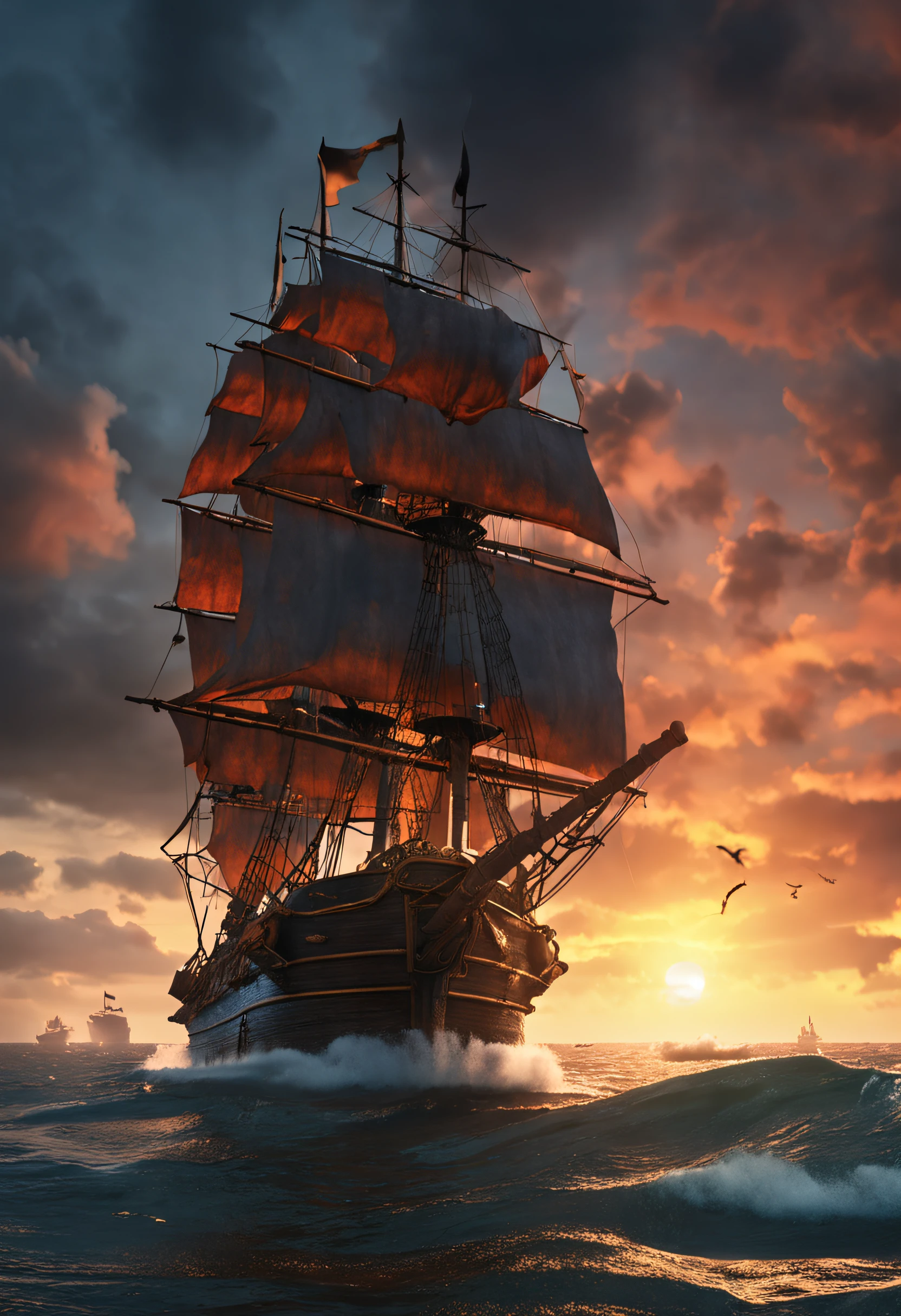 Pirate ship attacking merchant ship (time) (1718), cannon fire, fiery explosions, smoke filled sky, sinking ship, pirates on deck, early morning, whale jumping out of water, (highly detailed:1.3) extreme detail, volumetric God rays, realistic, 8k resolution, vibrant colors. wide screen resolution