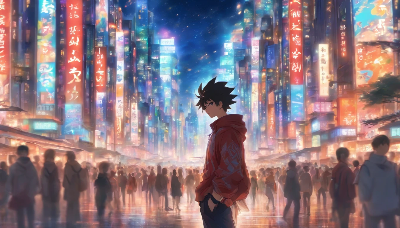 A young man standing on a busy city street, his eyes filled with deep contemplation, surrounded by towering buildings, constant traffic, and bustling crowds, ,in the style of the stars art group xing xing,32k, best quality, masterpiece, super detail, high details,