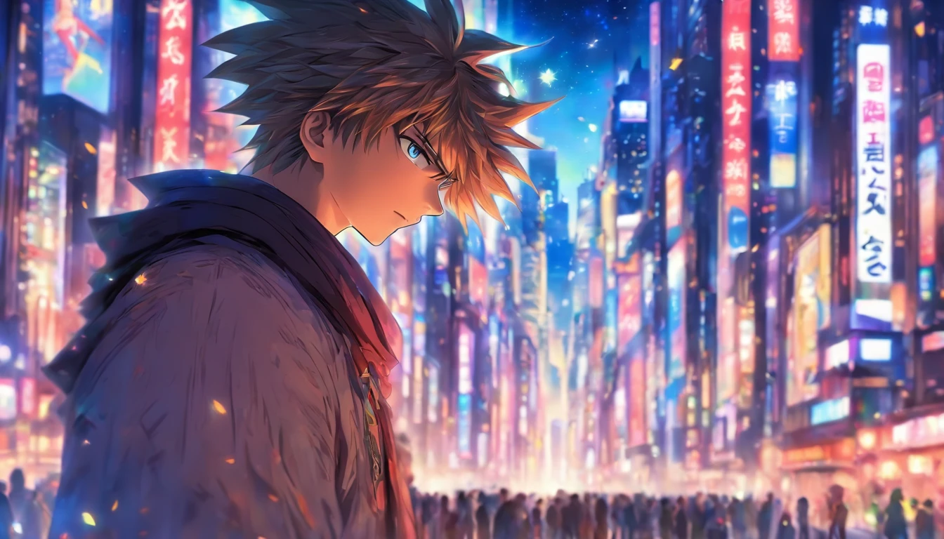 A young man standing on a busy city street, his eyes filled with deep contemplation, surrounded by towering buildings, constant traffic, and bustling crowds, ,in the style of the stars art group xing xing,32k, best quality, masterpiece, super detail, high details,