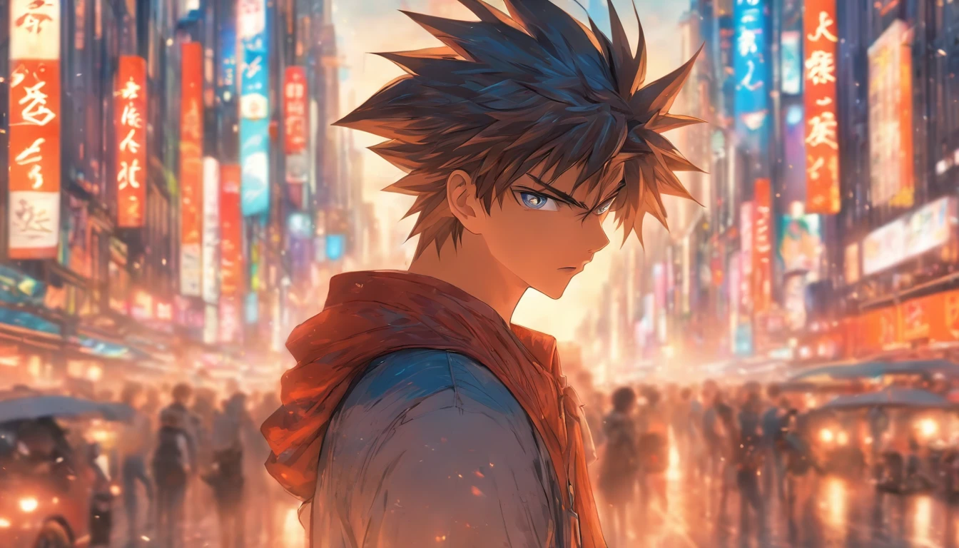 A young man standing on a busy city street, his eyes filled with deep contemplation, surrounded by towering buildings, constant traffic, and bustling crowds, ,in the style of the stars art group xing xing,32k, best quality, masterpiece, super detail, high details,