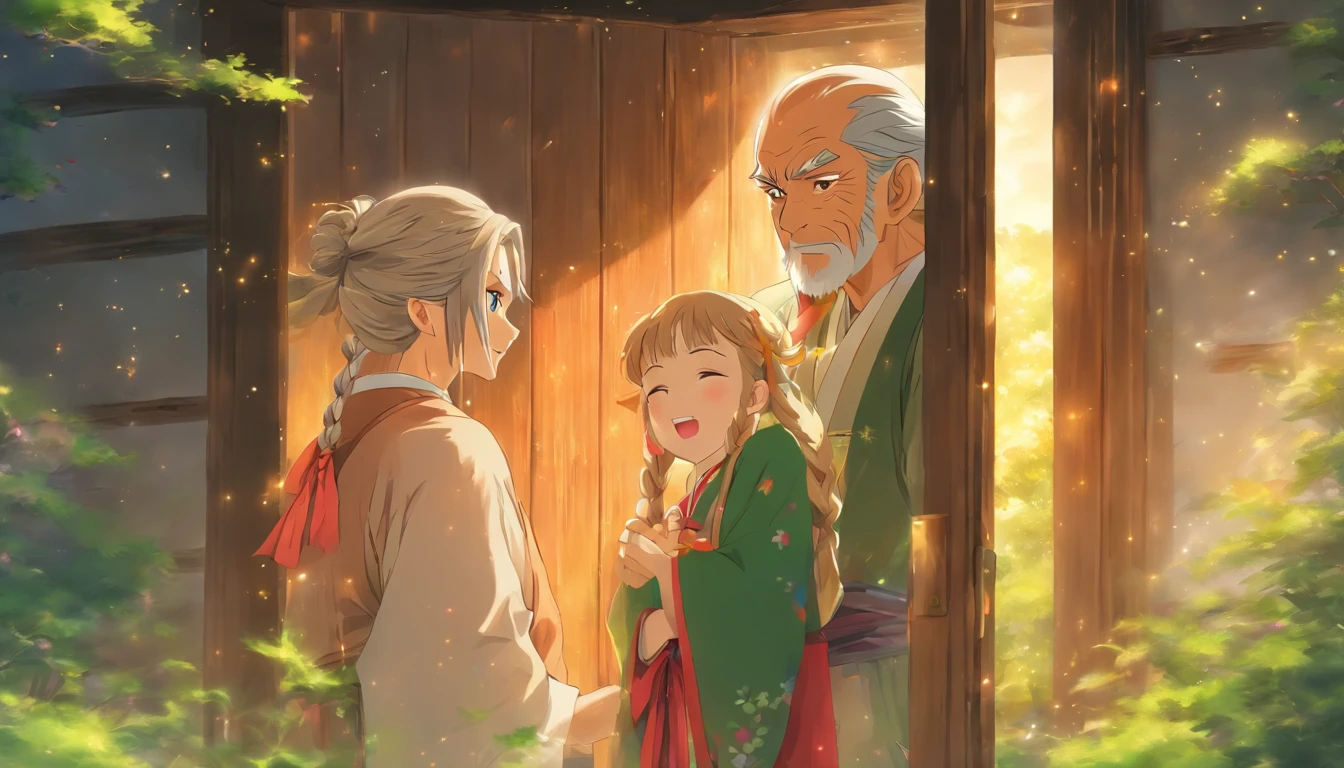 An old man standing at the door, with a young and beautiful girl in front of him, emotions of touched and joy on the old man's face, tears sparkling in the girl's eyes, wide fields and green mountains surrounding them, a few white clouds floating in the sky, ,in the style of the stars art group xing xing, 32k, best quality, masterpiece, super detail, high details