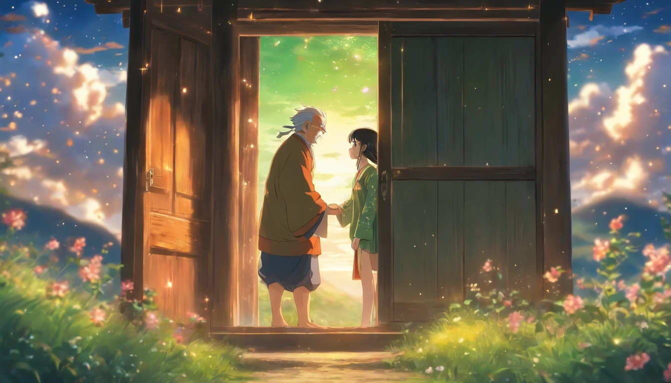 An old man standing at the door, with a young and beautiful girl in front of him, emotions of touched and joy on the old man's face, tears sparkling in the girl's eyes, wide fields and green mountains surrounding them, a few white clouds floating in the sky, ,in the style of the stars art group xing xing, 32k, best quality, masterpiece, super detail, high details