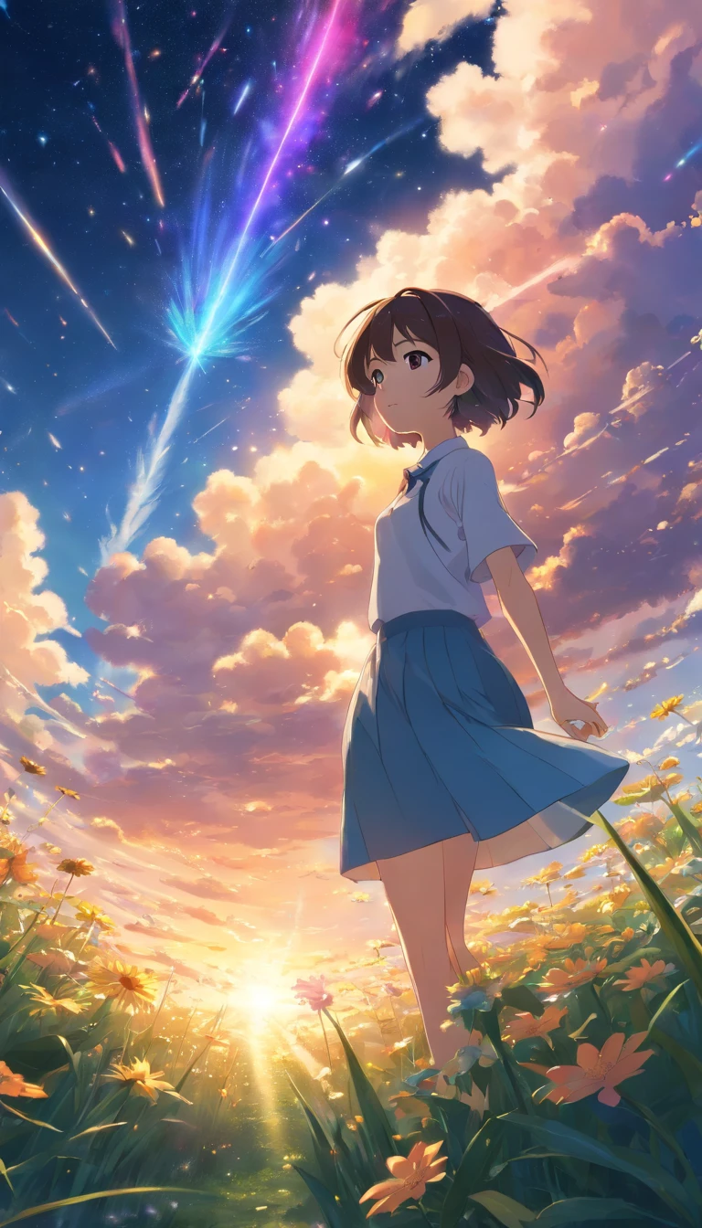 Makoto Shinkai, Expansive landscape photograph , (View from below,Displays the sky above and the clearing below), A girl stands on a flower field and raises her hands in worship, ( meteors:0.9), (Starcloud:1.3), Far Mountain, Tree BREAK Production Art, (Warm light source:1.2), (Firefly:1.2), lamp lights,