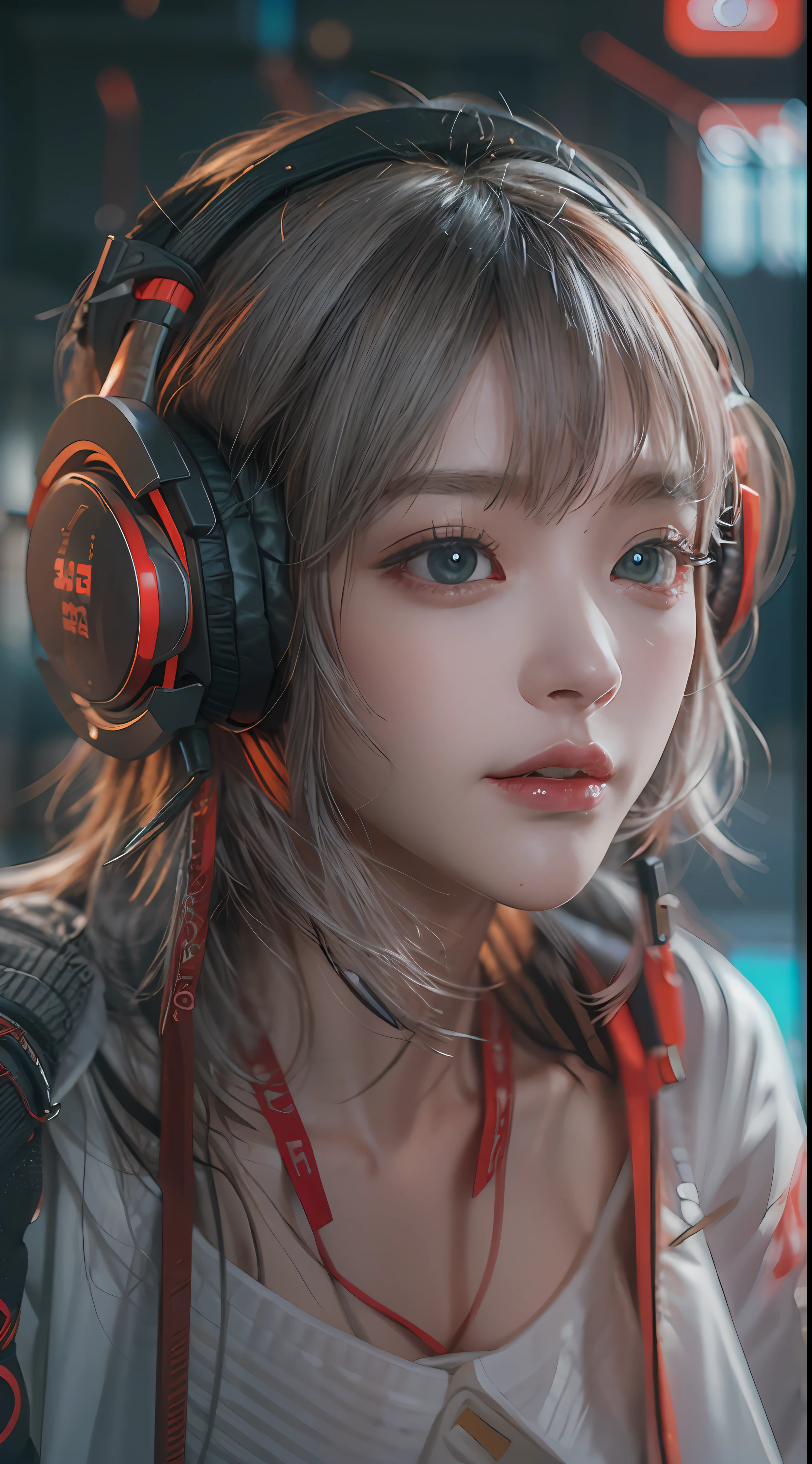 masterpiece, 1 beautiful girl, Detailed eye, Swollen eyes, top-quality, 超A high resolution, (reality: 1.4), 电影灯光, japanes, a asian beauty, very extremely beautiful, Beautiful skins, A slender, Forward-facing body, (A hyper-realistic), (hight resolution), (8K), (ighly detailed), ( Best Illustration), (beautifully detailed eyes), (ultra-detailliert), 详细的脸, Bright lighting, Professional lighting、The background is a cyberpunk room with many monitors、The cord is connected from the costume、Hair color is red、headset on head、small tattoo on face、Female Game Commentator