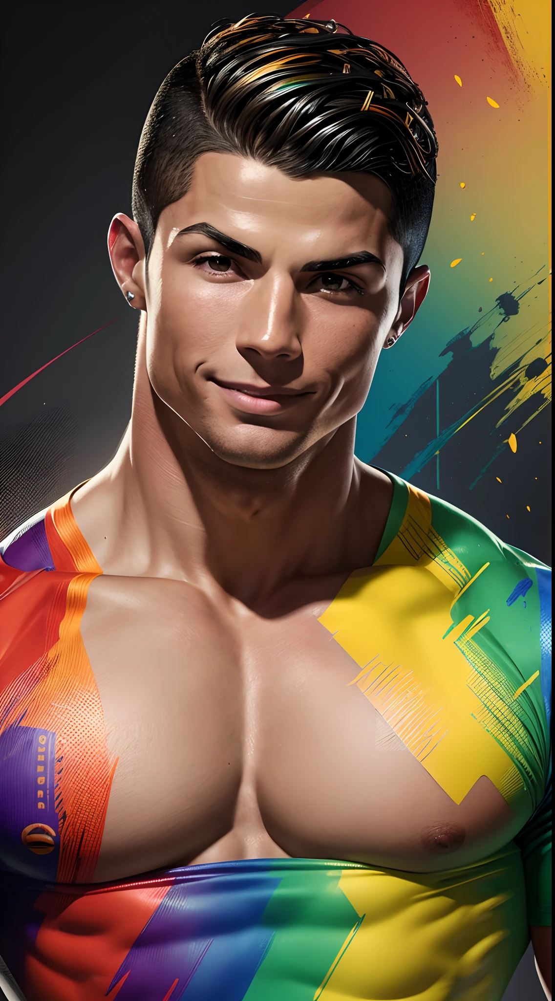 "cristiano ronaldo smiling picture is a real masterpiece with masculine beauty, perfect anatomy. Olpntng style, colorful rainbow, t-shirt design, clean design, epic Instagram, artstation, full of color paint streaks, wlop, contour. When you look at his beautiful eyes, you will see clearly every small detail and perfect line, every detail on the skin is beautiful in 8K quality , people will be captivated by the confidence radiating from every look. The face is drawn meticulously in every detail with 8K image quality.''