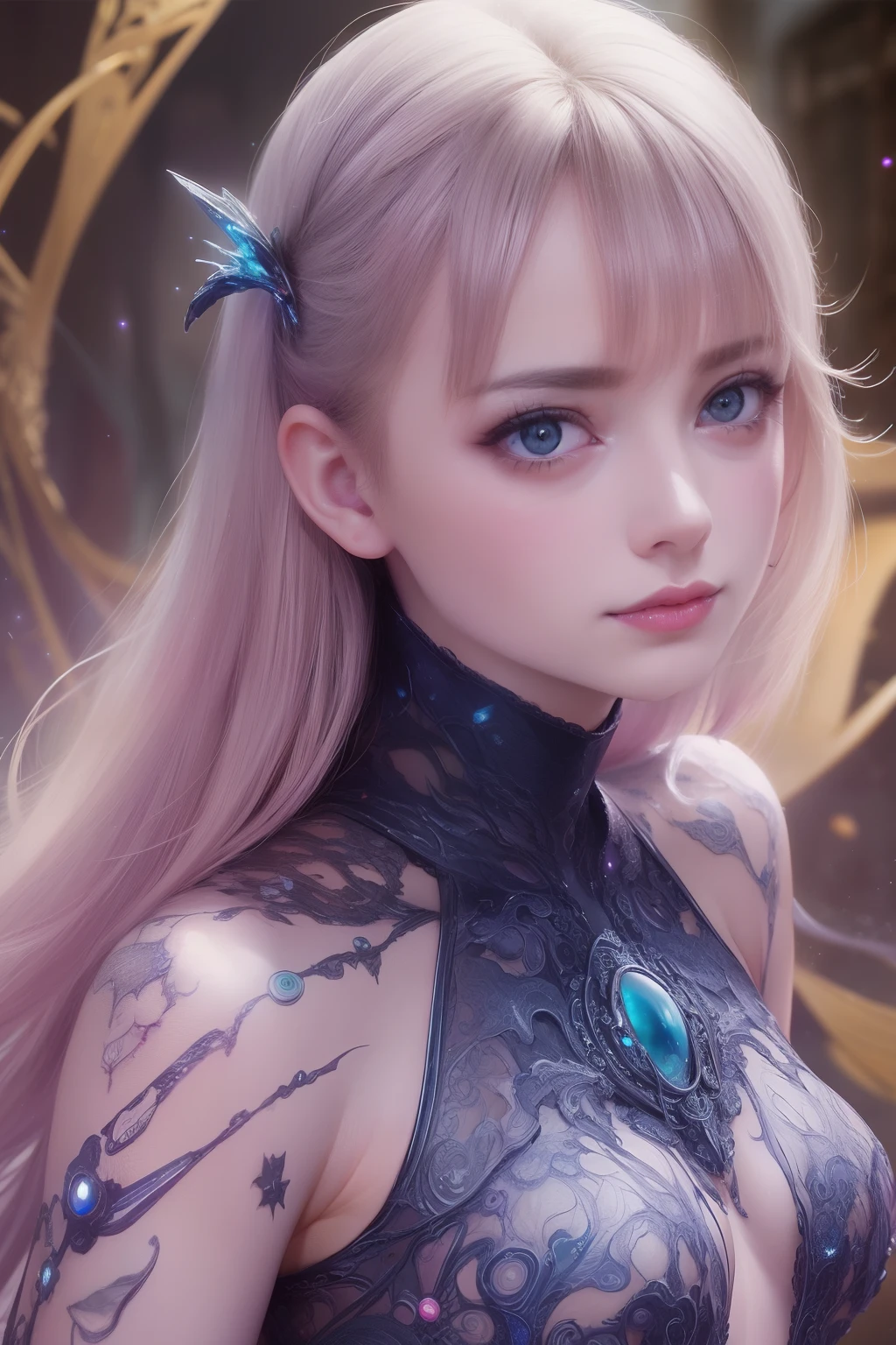 From Side, Photorealistic, Official art, Unity 8k wallpapr, 8K Portrait, Best Quality, Very high resolution, (Incredibly beautiful nature background:1.6), One girl, One beautiful teenage italian girl, , Obscene, (Sexy and glamorous:1.1), (A coquettish expression:1.6), (small breasts with raised pink areolas,:1.6), Vulgarity, (seductively smiling:1.2), (full body1.0), (erotic posing:1.5), (Magic Attack Pose:1.6),(magical effects like sparkles or energy:1.5), (Electric shock from hands:1.1), (Detailed blue bodysuit with beautiful fractal or marble design:1.5), (Beautiful and d delicate ruby, topaz, emerald and sapphire jewelry:1.45), Beautiful seductive face, Portrait, (Thick eyebrows:1.2), (Big purple eyes:1.2), Beautiful eyes with fine symmetry, (Ultra detailed eyes:1.4), (High resolution eyes:1.1), Intimate face, (ultra detailed skin texture:1.4), White skin, pale skin, Perfect Anatomy, Thin, (Beautiful toned body:1.1), Hair Bow, (Moist skin:1.1), full of sweat, No makeup, dark circles, Good anatomy, Focus Face, goodlooking, (Emilia Clark:0.6) (Emma watson:0.3),(Jennifer Connelly:0.4), (sensual face:1.5), Elegant face, Nice, Dolce, Cyberpunk Sci-Fi, (Gauntlets with intricate and beautiful designs:1.2), Blurred background, Blurred foreground, depth of fields, (Motion Blur:1.1), Complex and colorful biomechanical bodysuit, Zentangle, mandalas, Entangled, (Small breasts:1.2), Sheer breast, (Beautiful :1.2), (NSFW:1.2), large hips, drivel, Juice stain, grabbing on breasts