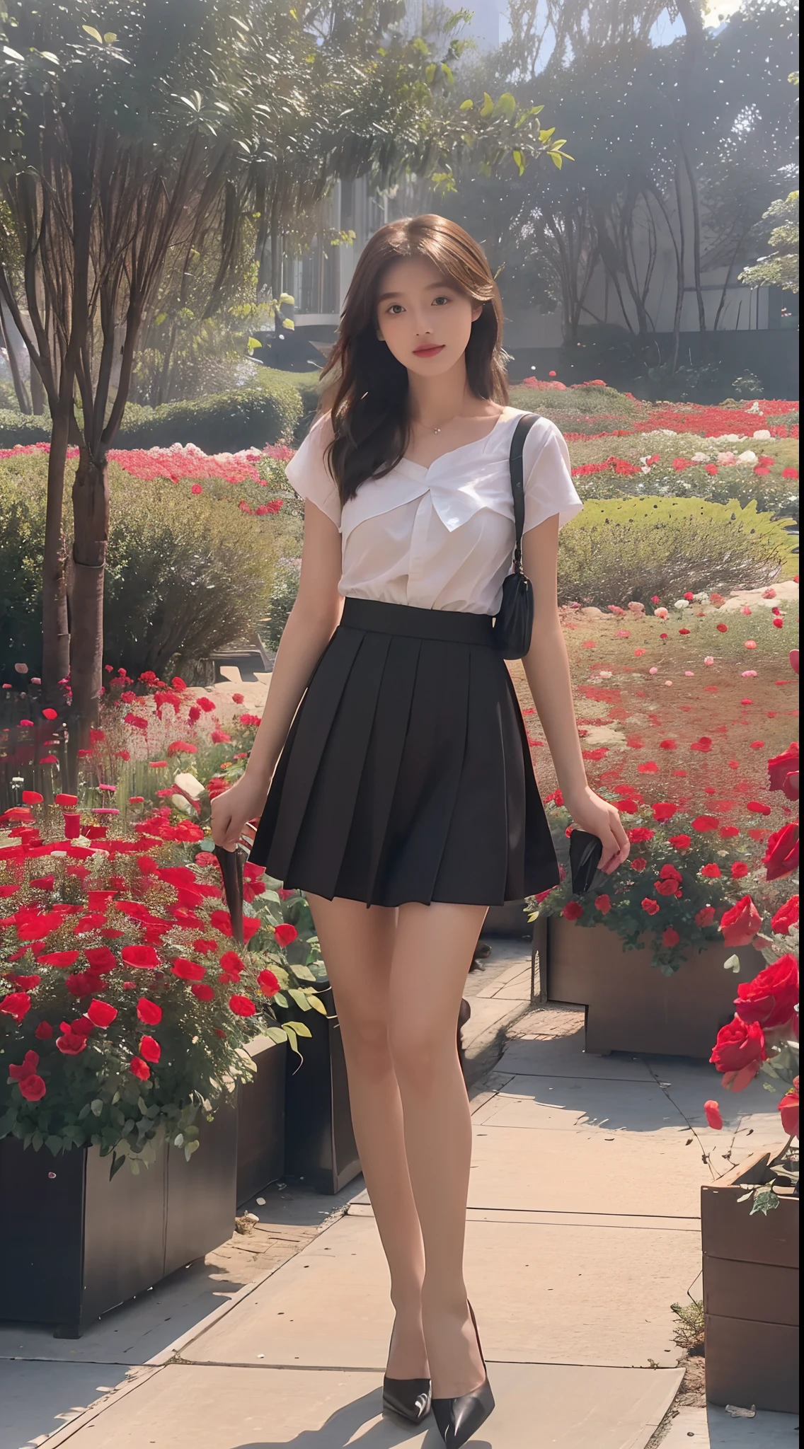 ((best qualtiy, 8K, Masterpiece Masterpiece: 1.3)), self-shot,（full bodyesbian：1.5），A cute beauty with a perfect figure: 1.4, Slim， ((Brown hair black)) , (pleatedskirt，short sleeved shirt，black heels，school uniform，Highly detailed face，standing on your feet：1.2），（（Sea of roses）），Highly detailed facial and skin texture，wide wide shot，Ray traching，Colorful dreamy fairy tale garden，detail-rich，Sea of roses，8K, yes，