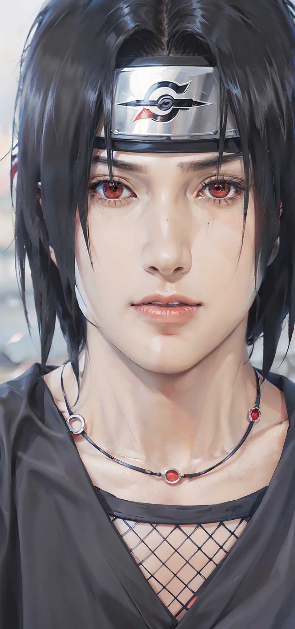 1man, uchiha itachi in anime naruto, long hair , black hair, red eyes, handsome, grey clothes, realistic clothes, detail clothes, outdoor background, ultra detail, realistic