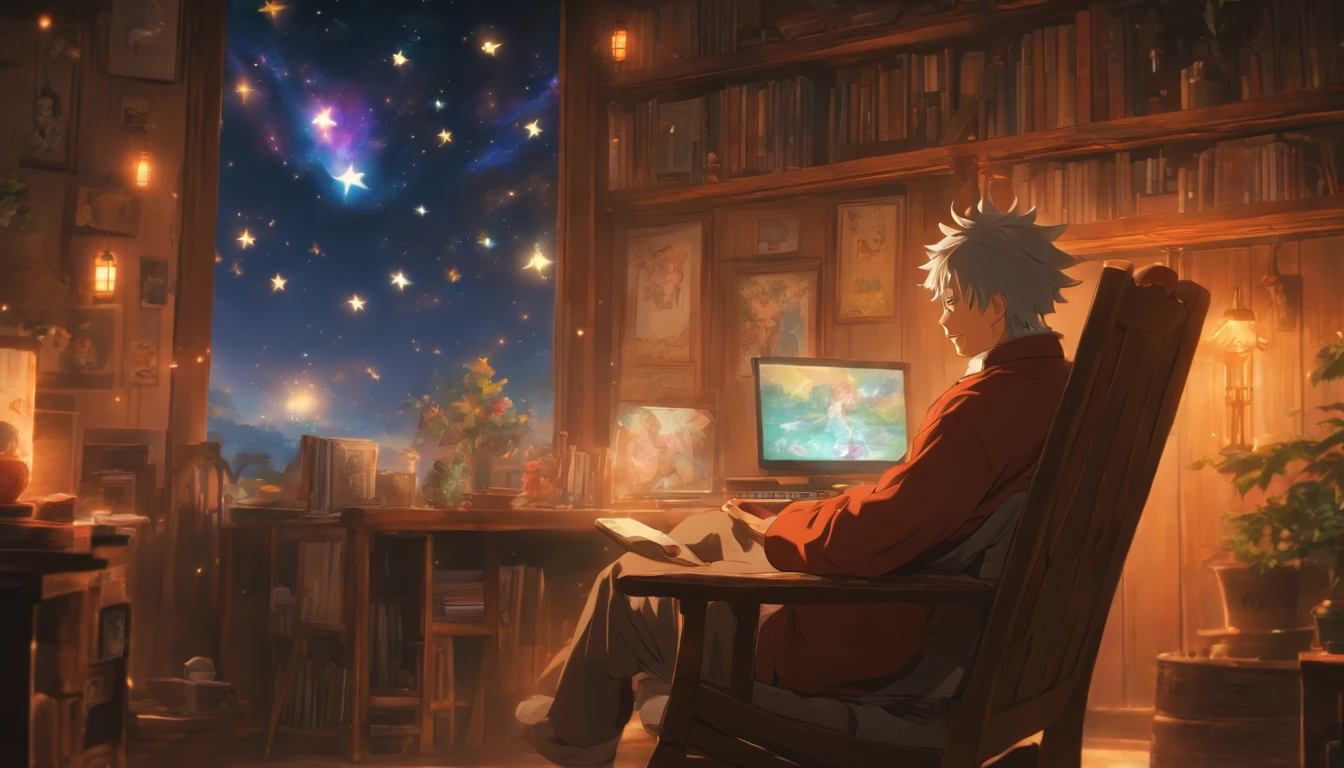An elderly man sitting in a rocking chair in his home, with a focused gaze on the computer screen. The screen displays the live broadcast of his great-granddaughter, and he watches with anticipation, seemingly captivated by her charm. The room is filled with a warm atmosphere, with family photos hanging on the walls, reflecting cherished memories.,in the style of the stars art group xing xing, 32k, best quality, masterpiece, super detail, high details