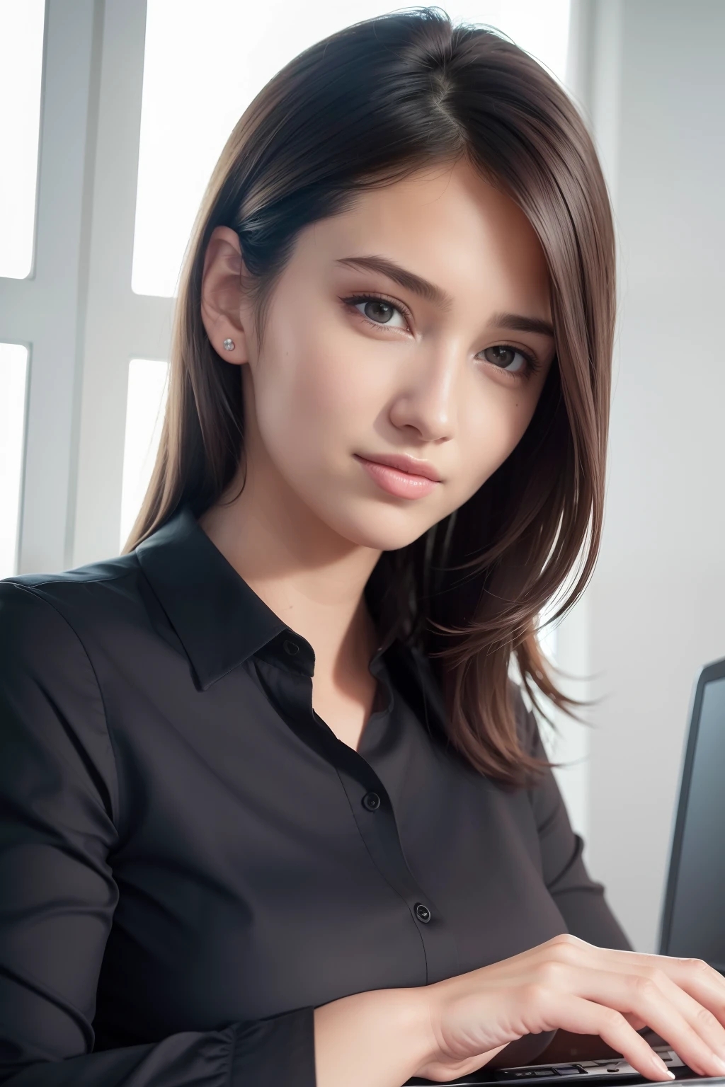 (8k, best quality, masterpiece:1.2), (realistic, photo-realistic:1.37), ultra-detailed, 1 girl,cute, solo,beautiful detailed sky,detailed office,night,sitting,(nose blush),(smile:1.15),(closed mouth) , medium breasts,beautiful detailed eyes,(collared shirt:1.1), night, wet,business attire, rain, (short hair:1.2), pureerosface_v1, computer, detail finger, beautiful detailed face,