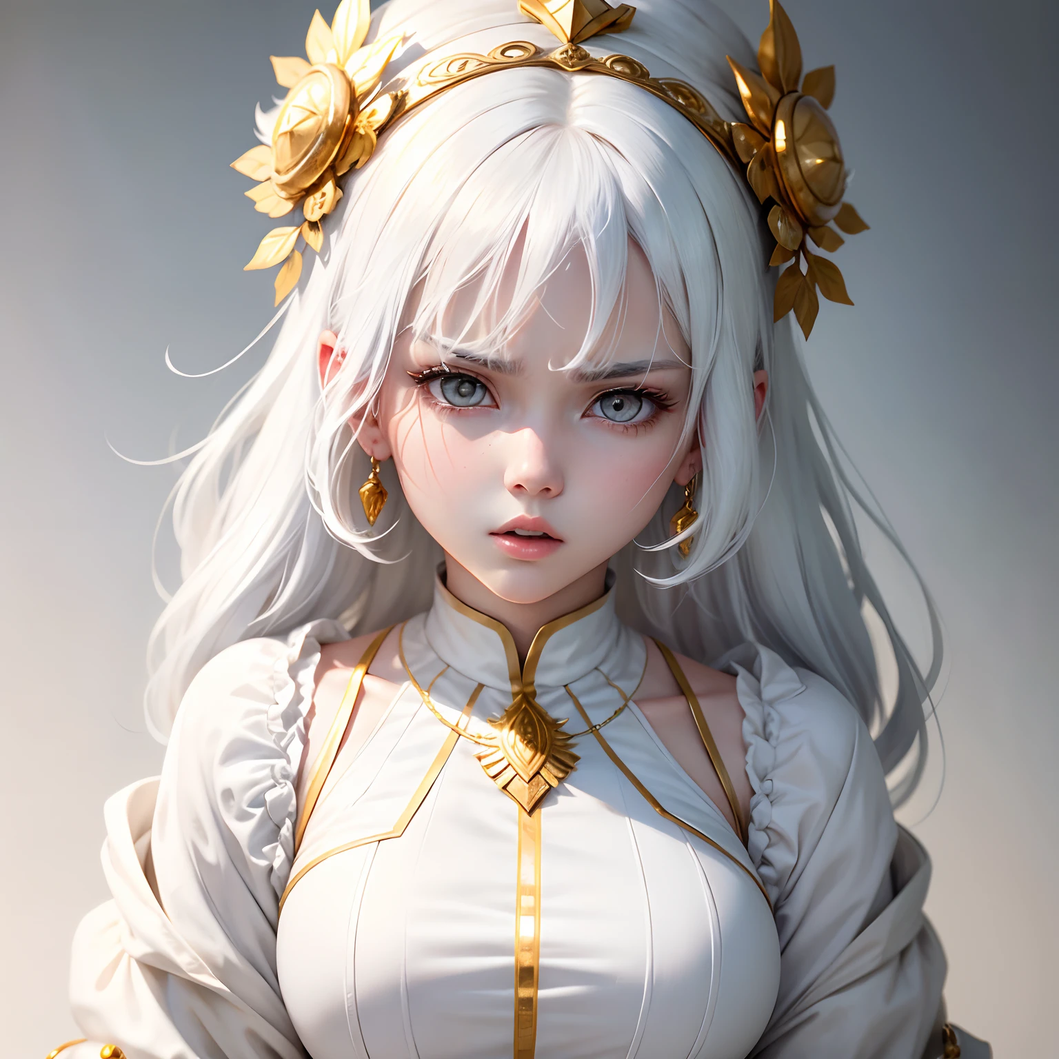 best quality, white hair, gold eyes, white clothes, looking up, upper body, hair strand, Fair skin, Puff out cheeks angrily