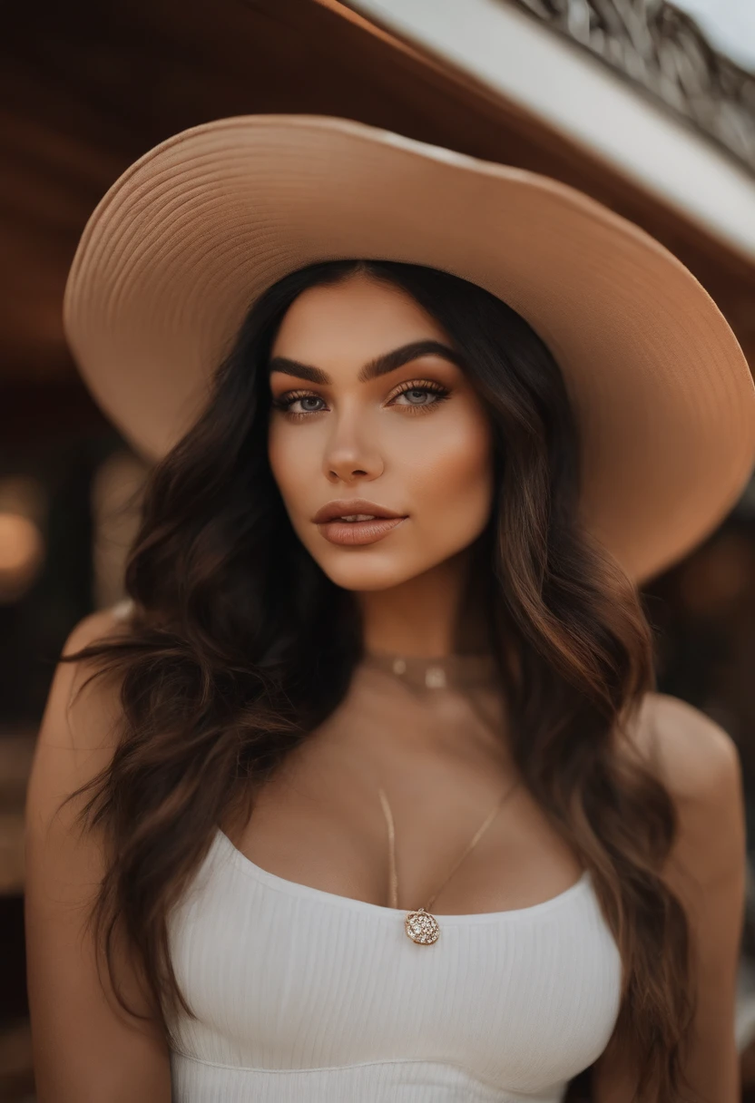 arafed woman wearing a hat and a white shirt taking a selfie, portrait sophie mudd, madison beer, wearing a chocker and cute hat, violet myers, kailee mandel, madison beer girl portrait, bella poarch, :: madison beer, thick lips, anastasia ovchinnikova, with hat, soft devil queen madison beer, angelina stroganova