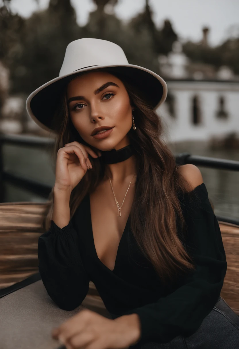 arafed woman wearing a hat and a white shirt taking a selfie, a picture inspired by Ion Andreescu, instagram, realism, portrait sophie mudd, madison beer, wearing a chocker and cute hat, violet myers, kailee mandel, madison beer girl portrait, bella poarch, :: madison beer, thick lips