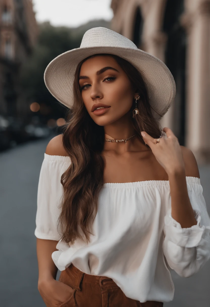 arafed woman wearing a hat and a white shirt taking a selfie, a picture inspired by Ion Andreescu, instagram, realism, portrait sophie mudd, madison beer, wearing a chocker and cute hat, violet myers, kailee mandel, madison beer girl portrait, bella poarch, :: madison beer, thick lips