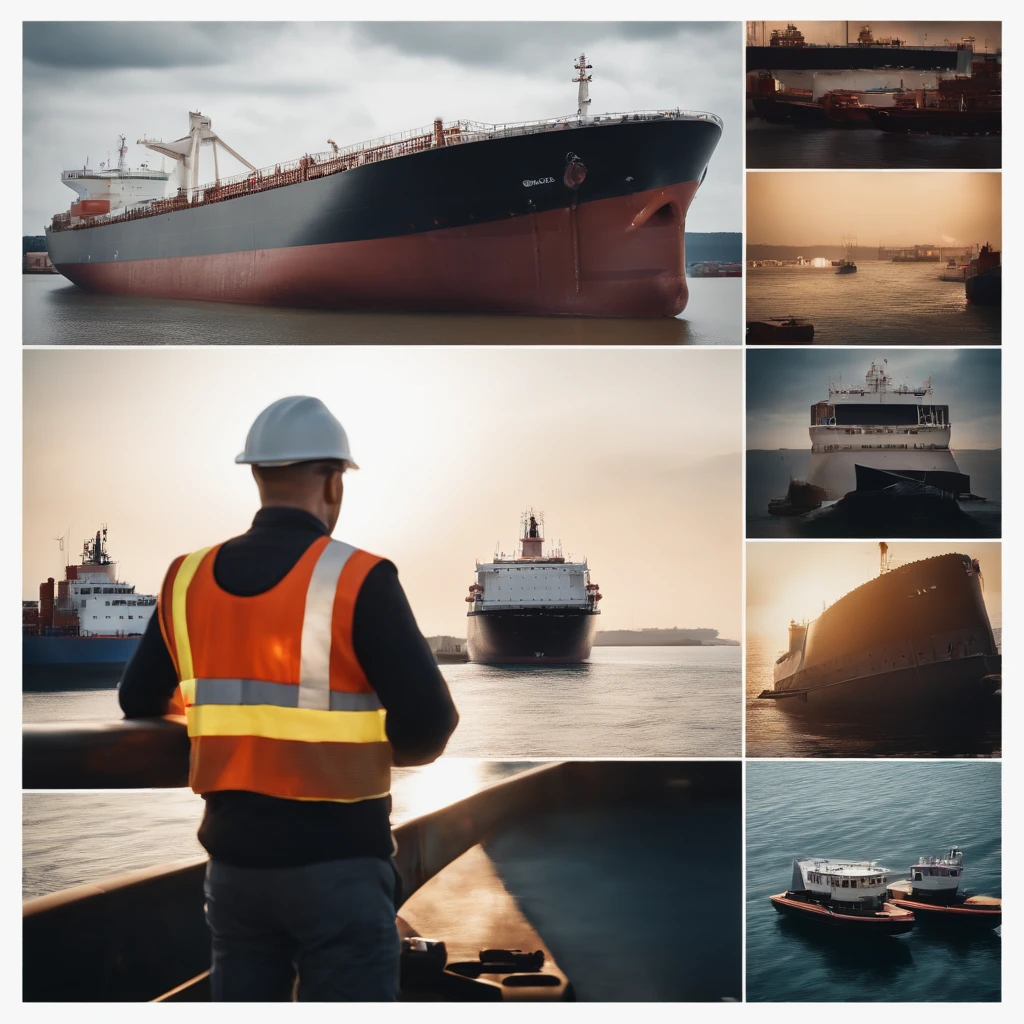 Composition in which you can see in the background a tanker truck, an oil cargo ship and in the foreground, a truck driver, a boat captain and a manager (the characters are in close-up), the image is ultra realistic , 4K