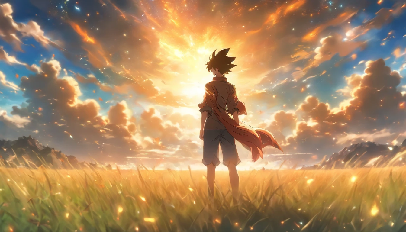 A young man standing on an open grassland, with sunlight shining through the clouds and casting a blurry shadow on him. He looks at the distant mountains with a mix of confusion and excitement in his eyes.,in the style of the stars art group xing xing, 32k, best quality, masterpiece, super detail, high details