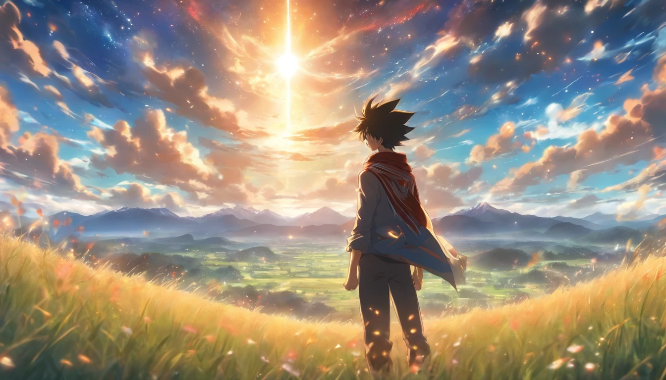 A young man standing on an open grassland, with sunlight shining through the clouds and casting a blurry shadow on him. He looks at the distant mountains with a mix of confusion and excitement in his eyes.,in the style of the stars art group xing xing, 32k, best quality, masterpiece, super detail, high details