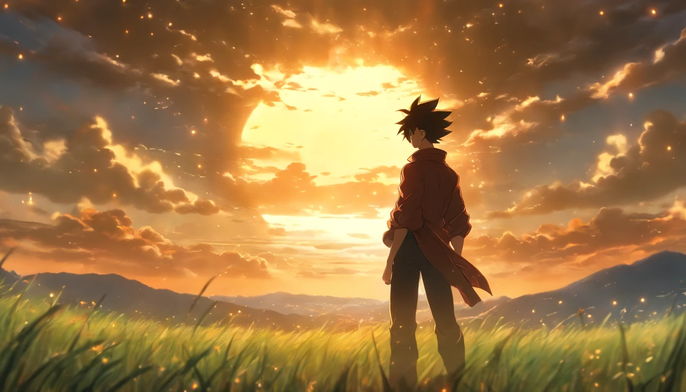 A young man standing on an open grassland, with sunlight shining through the clouds and casting a blurry shadow on him. He looks at the distant mountains with a mix of confusion and excitement in his eyes.,in the style of the stars art group xing xing, 32k, best quality, masterpiece, super detail, high details