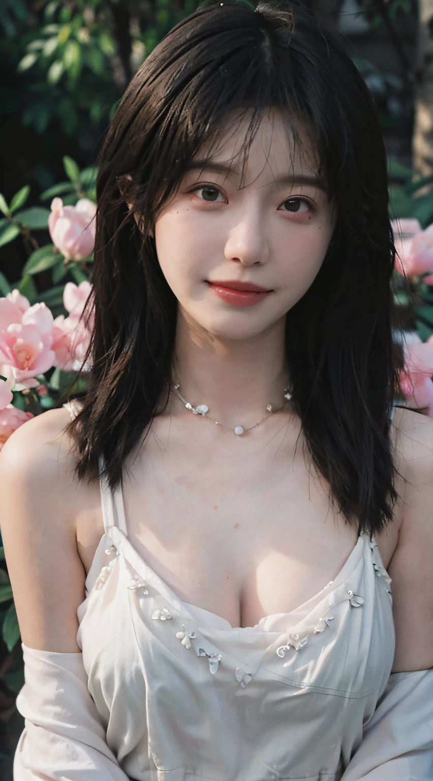 best qualtiy， 超高分辨率， （realisticlying：1.4）， Baoyu Girl， A pair of clear and moving peach blossom eyes,Royal Sister，sunshine on face，with long coiled hair，（ln the forest：1.4），（choker necklace：1.2），（Fair skin：1.9），（full bodyesbian：1.2）a sense of atmosphere，a beauty girl， ssmile，head straight-looking at viewer， closeup cleavage ，(Photorealistic:1.4),1girll,Sexy,(Upper body:1.4),(Wet body),(:1.2)，Pink bra