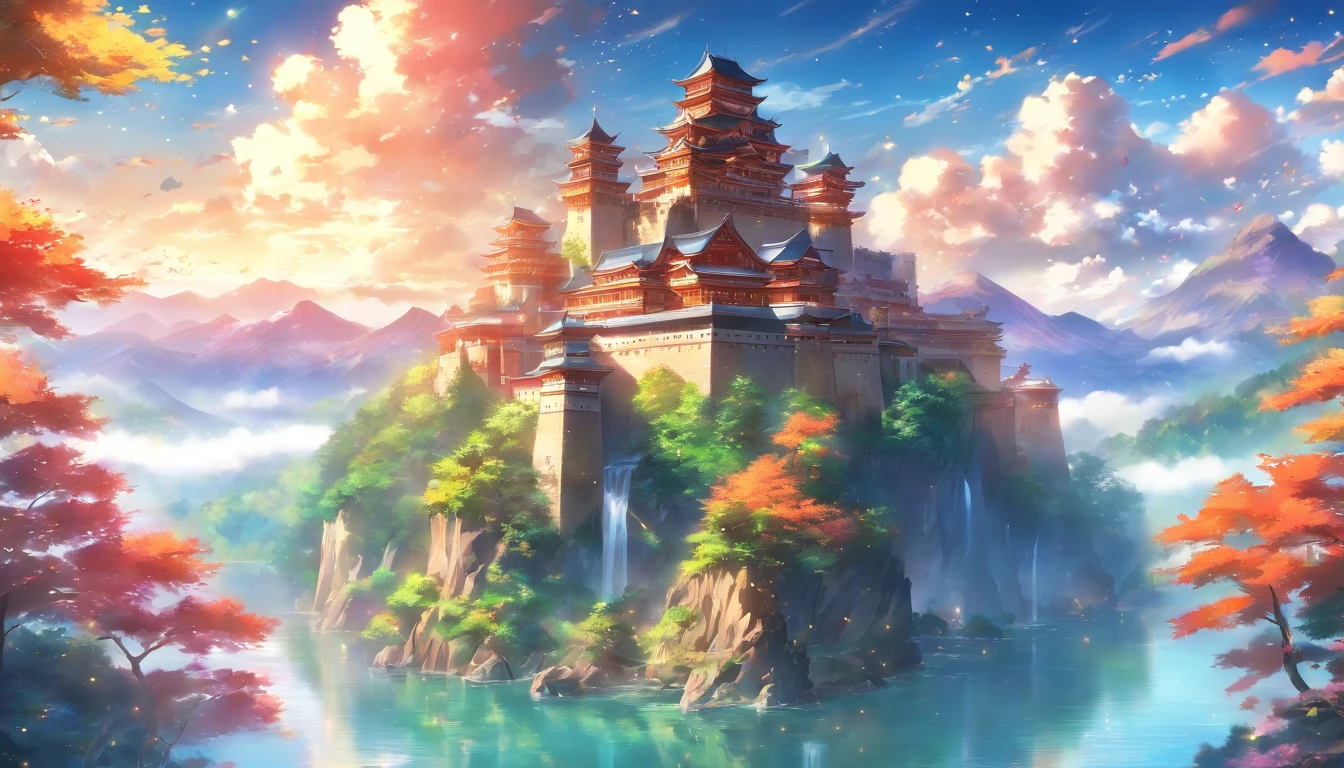 An ancient and majestic castle standing on top of a mountain, filled with countless artifacts showcasing his legendary life. Surrounded by lush forests and picturesque lakes, sunlight filters through the leaves onto the castle, creating a sense of mystery and grandeur, ,in the style of the stars art group xing xing, 32k, best quality, masterpiece, super detail, high details