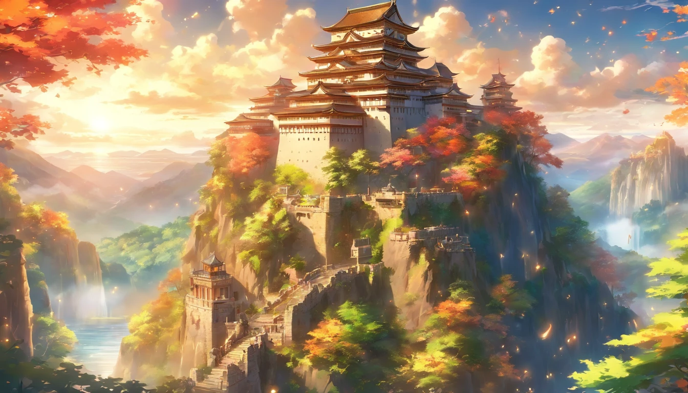 An ancient and majestic castle standing on top of a mountain, filled with countless artifacts showcasing his legendary life. Surrounded by lush forests and picturesque lakes, sunlight filters through the leaves onto the castle, creating a sense of mystery and grandeur, ,in the style of the stars art group xing xing, 32k, best quality, masterpiece, super detail, high details
