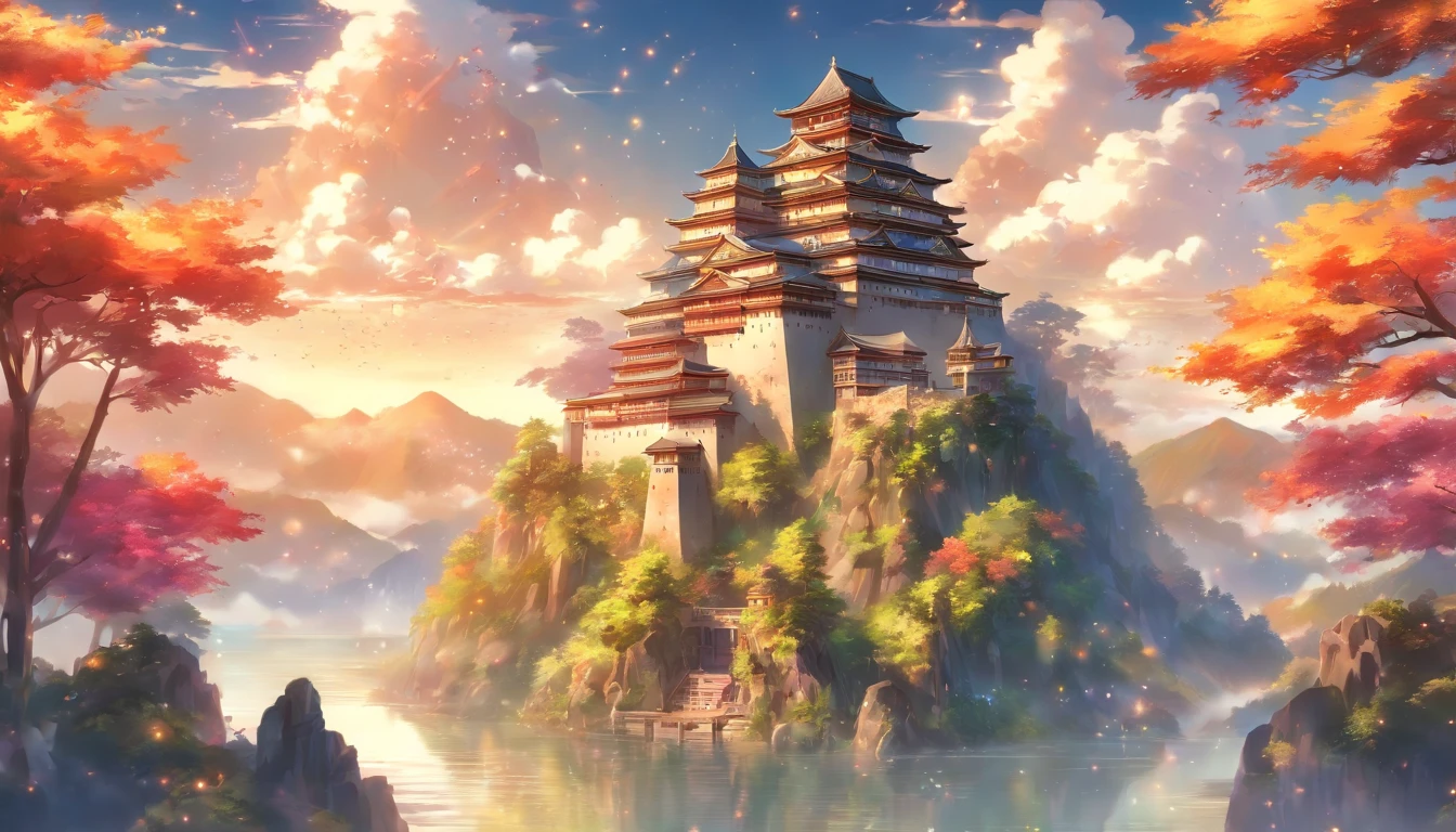 An ancient and majestic castle standing on top of a mountain, filled with countless artifacts showcasing his legendary life. Surrounded by lush forests and picturesque lakes, sunlight filters through the leaves onto the castle, creating a sense of mystery and grandeur, ,in the style of the stars art group xing xing, 32k, best quality, masterpiece, super detail, high details