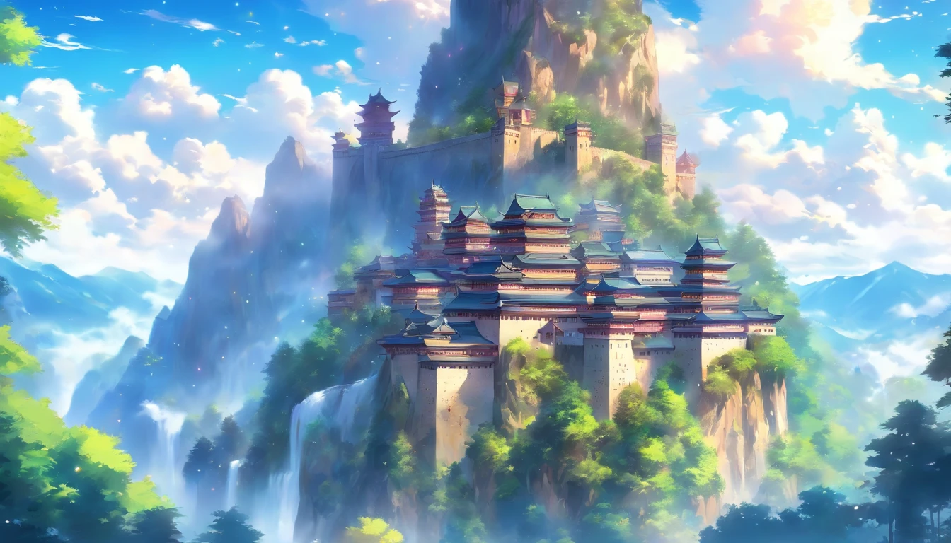 An ancient and majestic castle standing on top of a mountain, filled with countless artifacts showcasing his legendary life. Surrounded by lush forests and picturesque lakes, sunlight filters through the leaves onto the castle, creating a sense of mystery and grandeur, ,in the style of the stars art group xing xing, 32k, best quality, masterpiece, super detail, high details