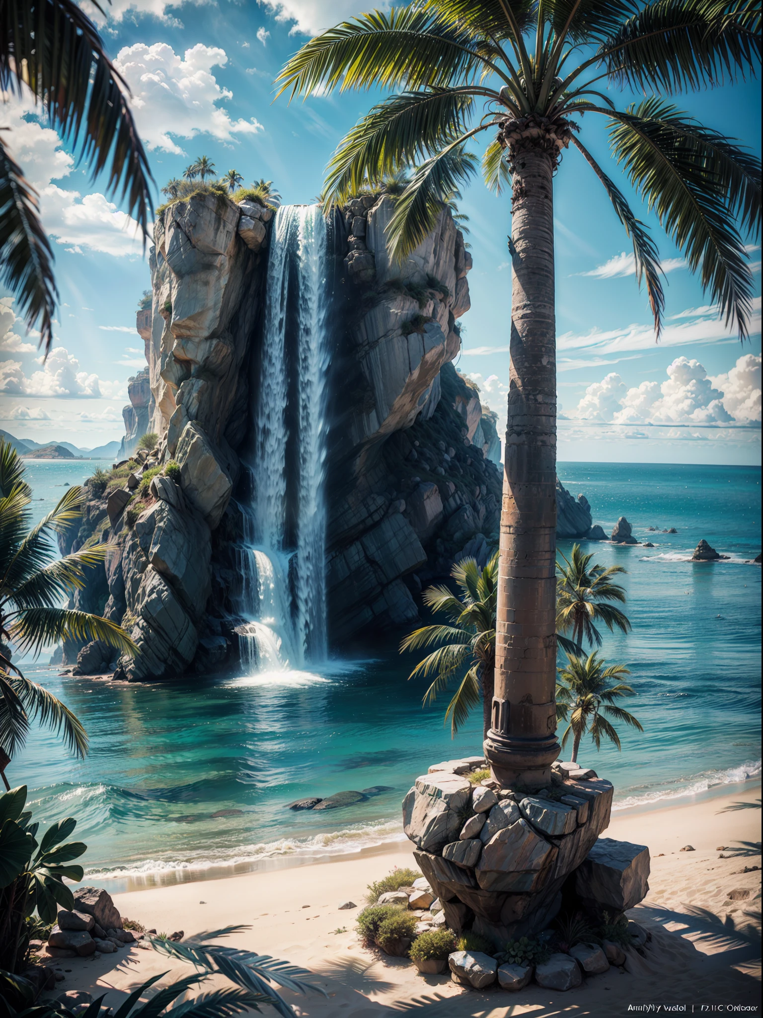 Palm Tree desert island, beautiful tourist point, palm trees desert island, artificial waterfall, realistic detailed portrait, AMD FidelityFX Super resolution 3, day light effects, cinematic day light, ocean, masterpiece collection award winning artwork, official art,