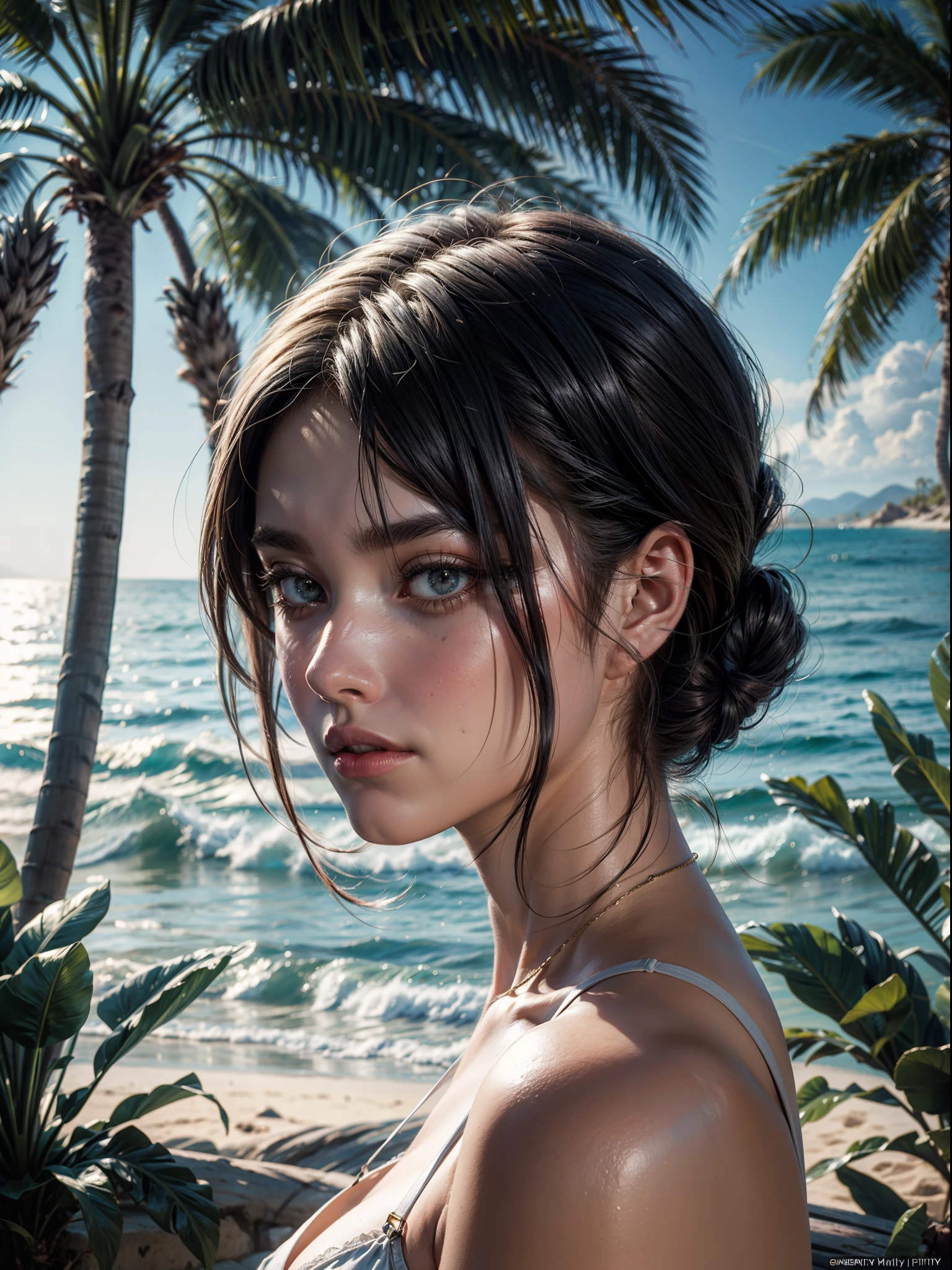 Palm Tree desert island, beautiful tourist point, palm trees desert island, artificial waterfall, realistic detailed portrait, AMD FidelityFX Super resolution 3, day light effects, cinematic day light, ocean, masterpiece collection award winning artwork, official art,