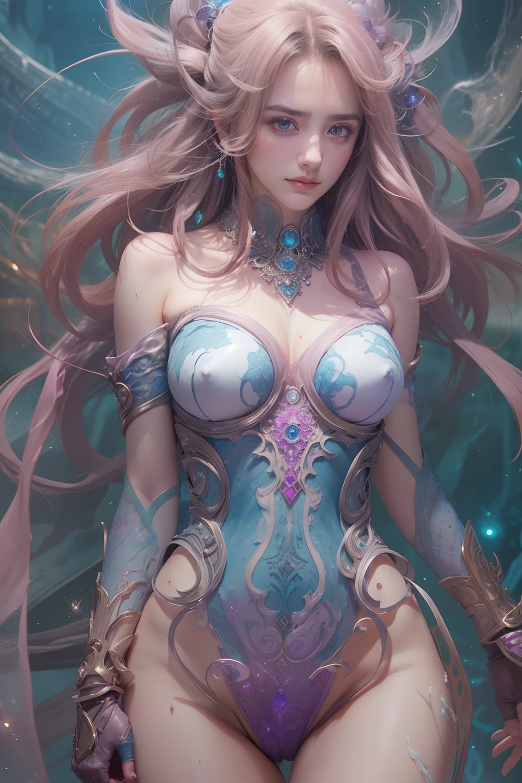 From Side, Photorealistic, Official art, Unity 8k wallpapr, 8K Portrait, Best Quality, Very high resolution, (Incredibly beautiful nature background:1.6), One girl, One beautiful teenage italian girl, , Obscene, (Sexy and glamorous:1.1), (A coquettish expression:1.6), (small breasts with raised pink areolas,:1.6), Vulgarity, (seductively smiling:1.2), (full body1.0), (erotic posing:1.5), (Magic Attack Pose:1.6),(magical effects like sparkles or energy:1.5), (Electric shock from hands:1.1), (Detailed blue bodysuit with beautiful fractal or marble design:1.5), (Beautiful and d delicate ruby, topaz, emerald and sapphire jewelry:1.45), Beautiful seductive face, Portrait, (Thick eyebrows:1.2), (Big purple eyes:1.2), Beautiful eyes with fine symmetry, (Ultra detailed eyes:1.4), (High resolution eyes:1.1), Intimate face, (ultra detailed skin texture:1.4), White skin, pale skin, Perfect Anatomy, Thin, (Beautiful toned body:1.1), Hair Bow, (Moist skin:1.1), full of sweat, No makeup, dark circles, Good anatomy, Focus Face, goodlooking, (Emilia Clark:0.6) (Emma watson:0.3),(Jennifer Connelly:0.4), (sensual face:1.5), Elegant face, Nice, Dolce, Cyberpunk Sci-Fi, (Gauntlets with intricate and beautiful designs:1.2), Blurred background, Blurred foreground, depth of fields, (Motion Blur:1.1), Complex and colorful biomechanical bodysuit, Zentangle, mandalas, Entangled, (Small breasts:1.2), Sheer breast, (Beautiful :1.2), (NSFW:1.2), large hips, drivel, Juice stain, grabbing on breasts