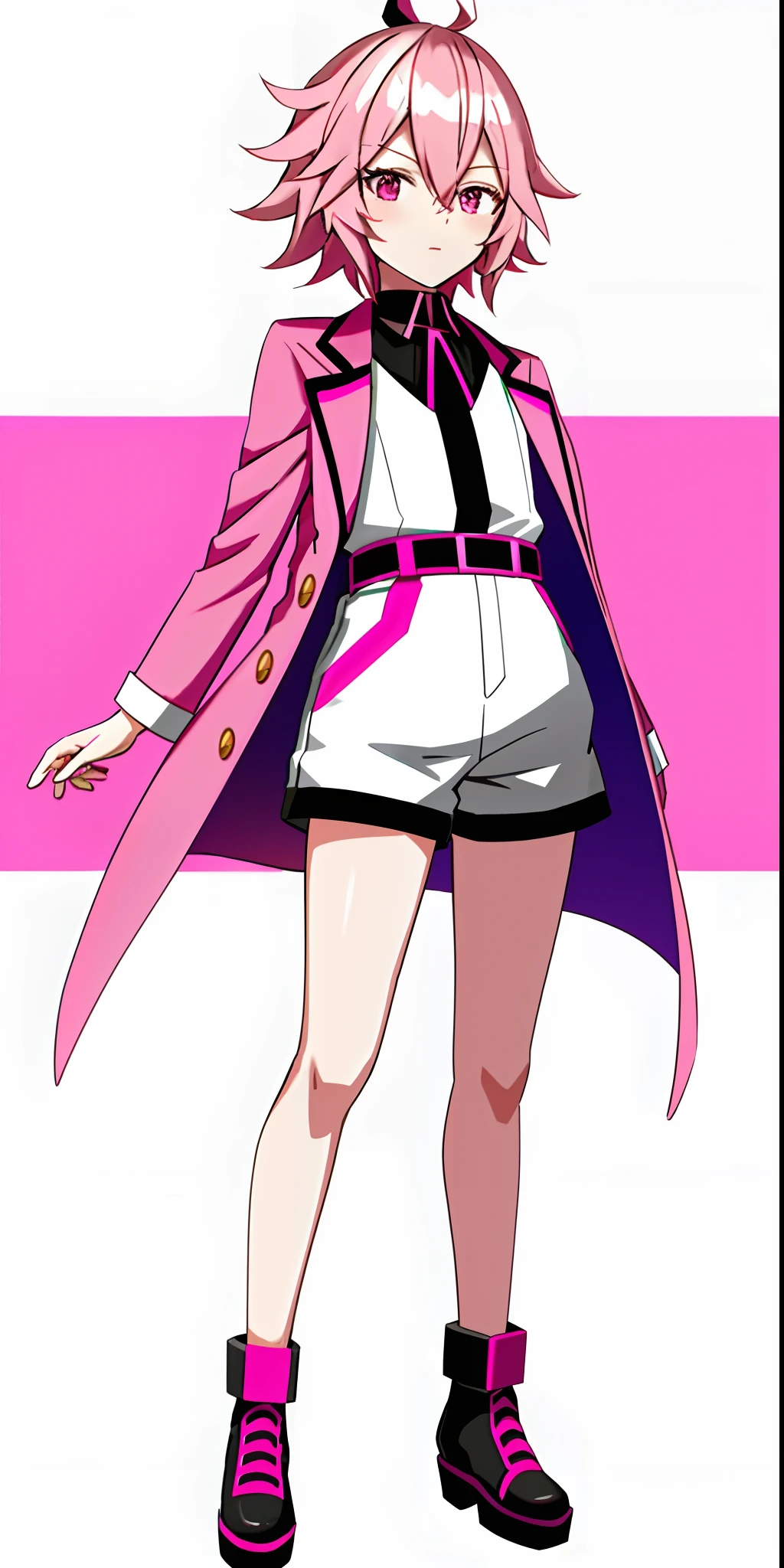 Pink skin, minecraft skin, , anime vtuber full body model,Humanity,Libido boy,sideface,short detailed hair,Pink coat,Two horizontal white stripes at the shoulders,Off-white shorts,