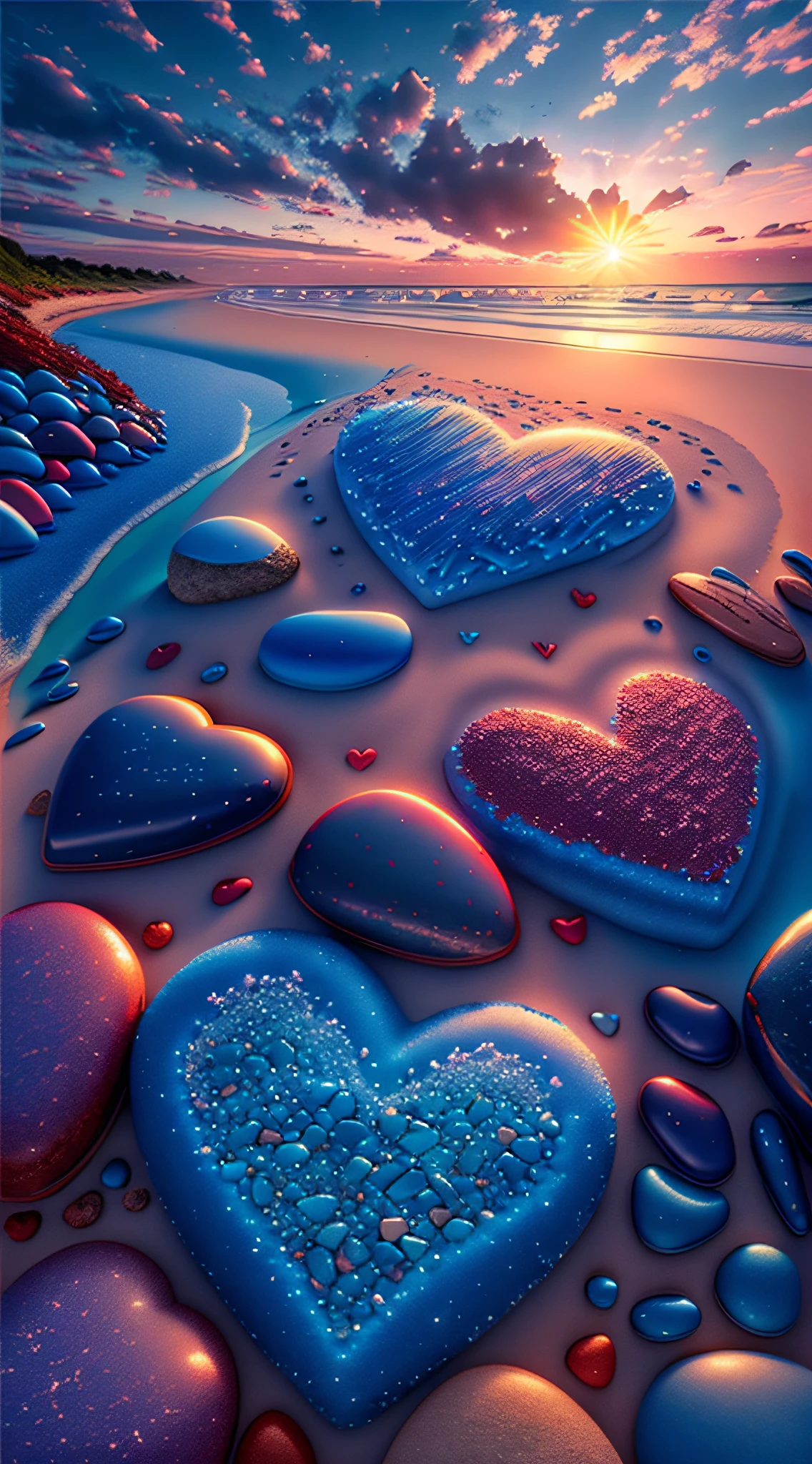 Exquisite scenes,depth of fields,8K,Blue sky,Red clouds,The sun shines on the beach,There are many small colorful stones on the beach,love heart