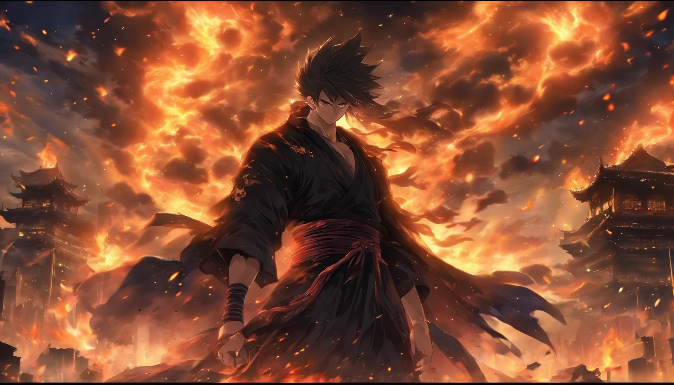 A man in a black robe, holding a sharp sword, standing in a desolate ruin, surrounded by broken buildings and burning flames, with a dark and stormy sky above, his cold and majestic gaze exuding an unbeatable power, ,in the style of the stars art group xing xing, 32k, best quality, masterpiece, super detail, high details